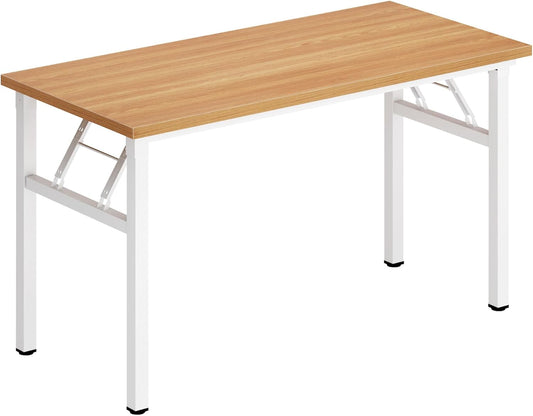 SDHYL 47 inches No Assembly Foldable Computer Desk for Home Office Workstation, Simple Folding Study and Writing Table with Metal Frame, Teak and White