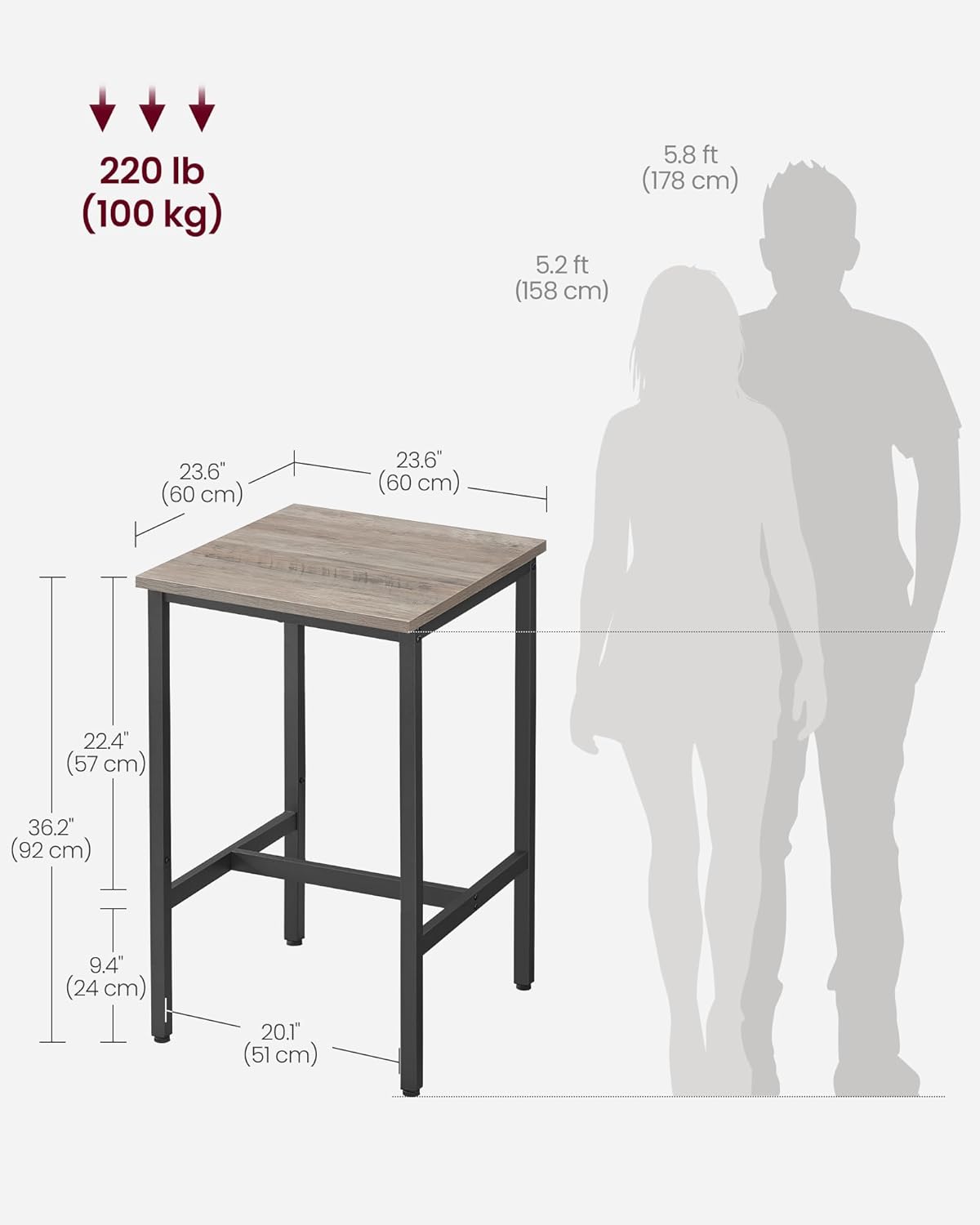 VASAGLE Bar Table, Small Kitchen Dining Table, High Top Pub Table, Height Cocktail Table for Living Room Party, Sturdy Metal Frame, 23.6 x 23.6 x 36.2 Inches for Narrow Spaces, Greige and Black
