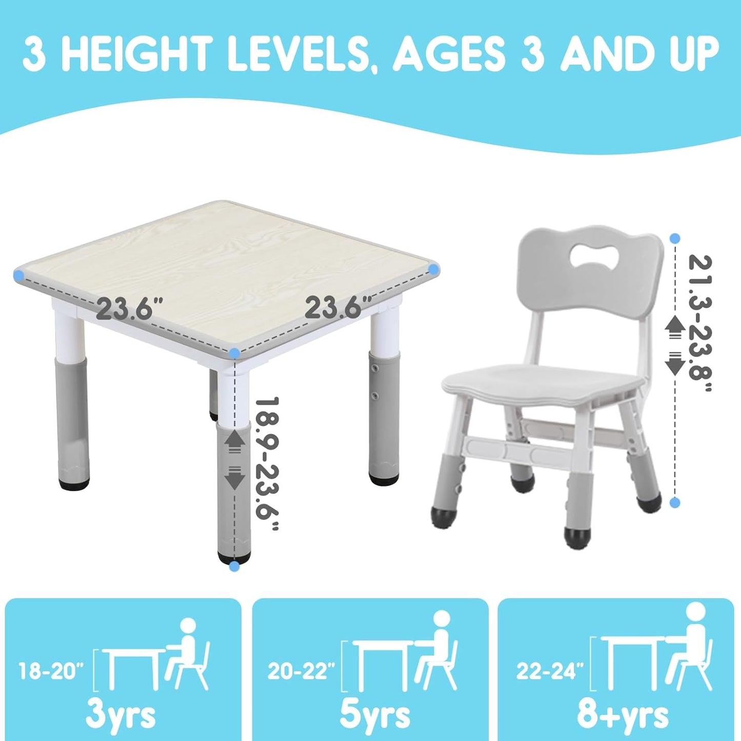 Kids Table & Chair Set with Adjustable Toddler-Safe Non-Slip Legs, Activity & Graffiti-Proof Desktop Ages 3-12