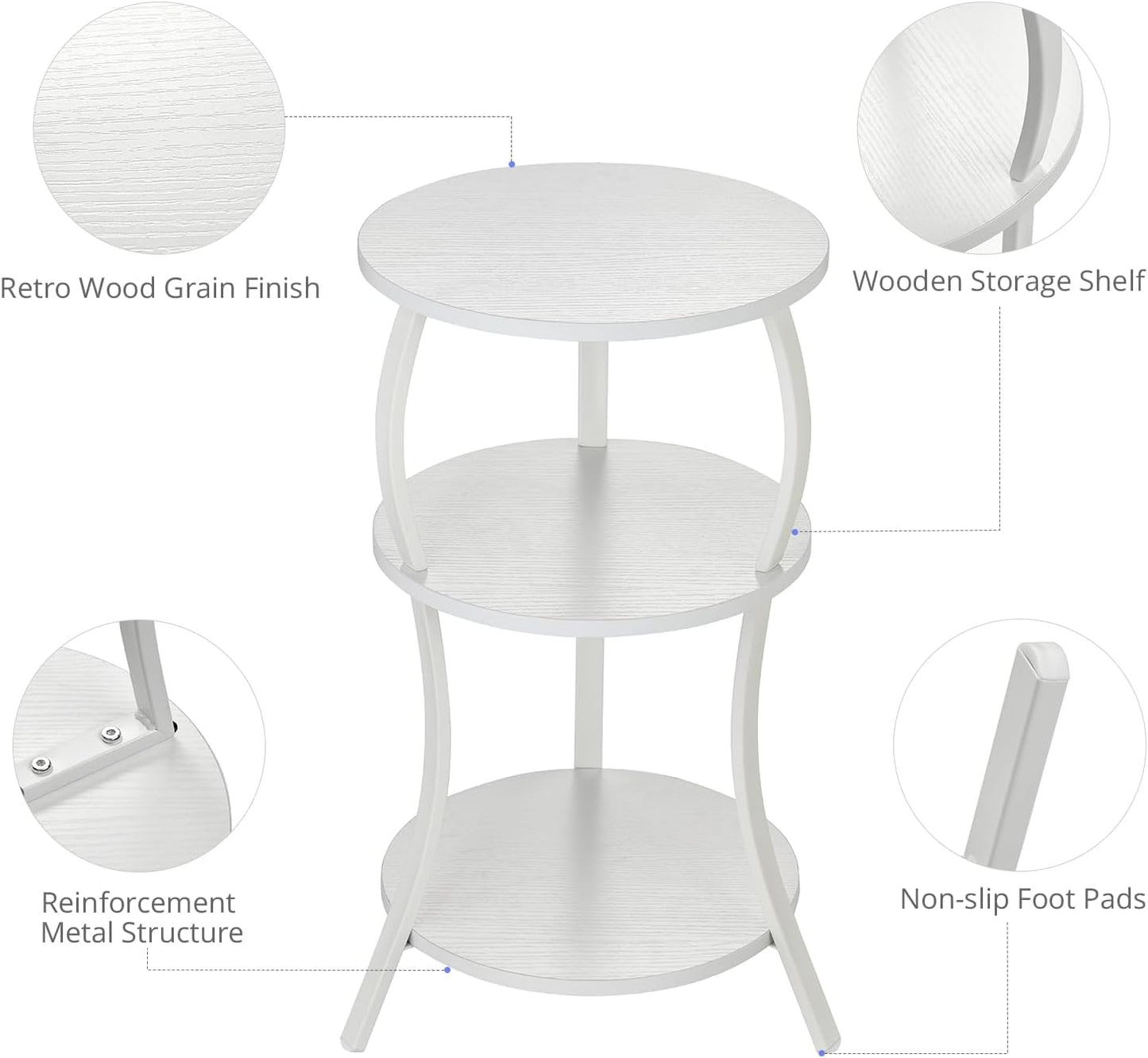 Vintage Small Round Side Table, 3-Tier Slim Waist Circular End Table with Storage Shelf, Compact Tea Sofa Table, Round Corner Coffee Table Nightstand for Living Room Bedroom Small Spaces,White