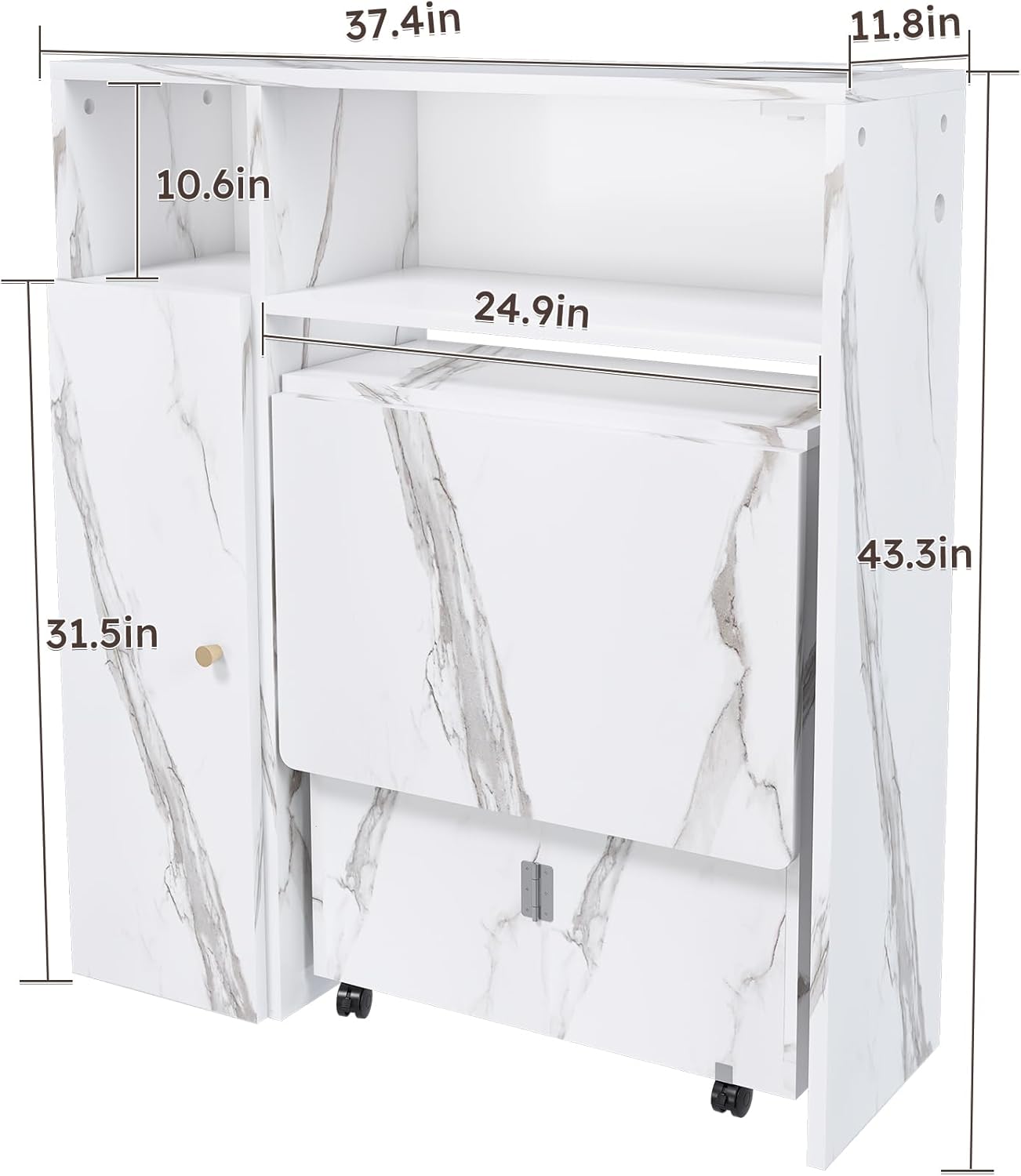 Ball & Cast Multifunctional Folding Dining Table with Wall-Mounted Sideboard & Storage,Wood Kitchen Island w/Four-in-one Socket and Silent Wheels,Space-Saving,Easy to Assemble,for Dining Room,White