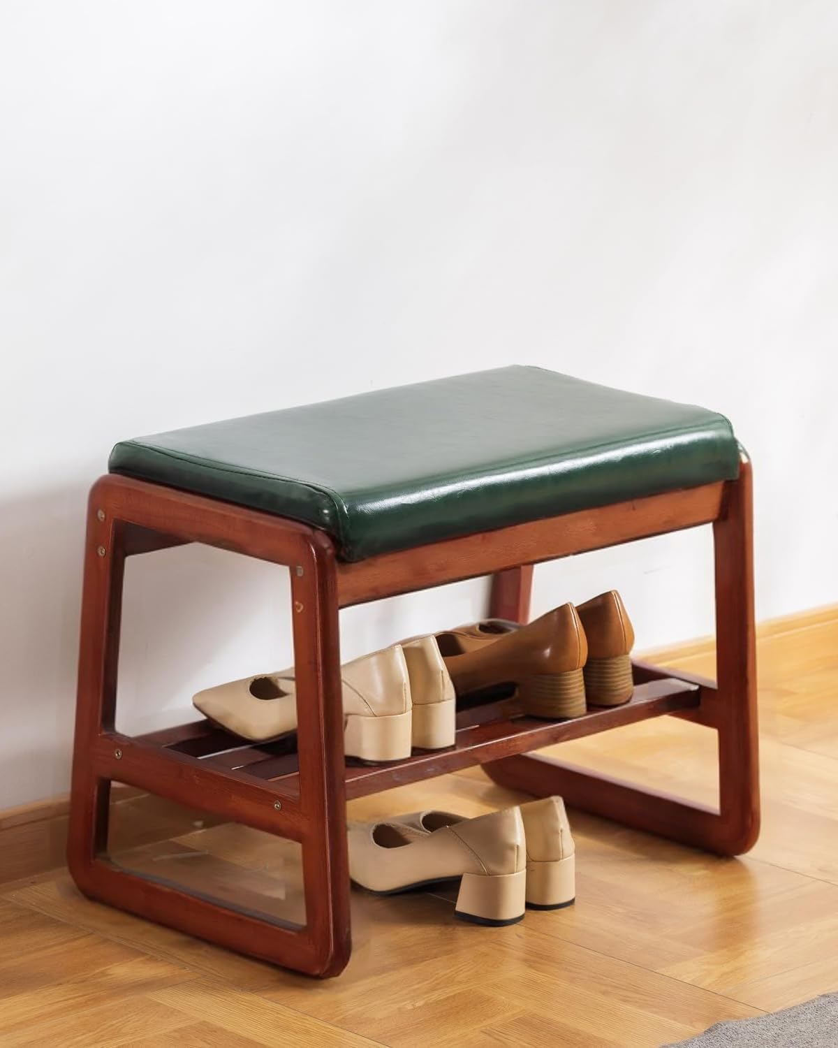 Shoe Rack Bench, Solid Wood Entryway Bench, Shoe Bench with Cushion Padded Seat for Entry, Hallway (Green-21.65")