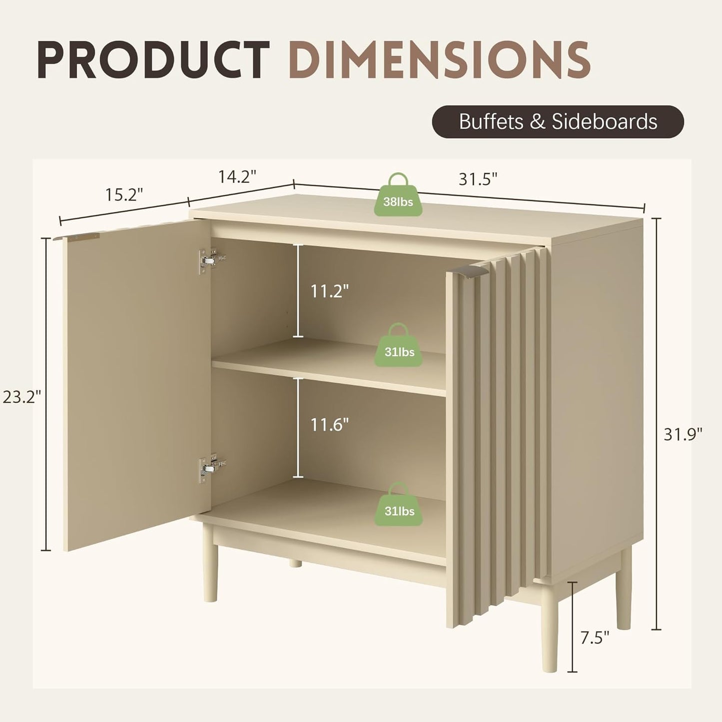 Fluted Cabinet with Storage, Buffet Cabinet Sideborad with Door, Kitchen Buffet Storage Accent Cabinets with Adjustable Shelves for Living Room, Entry, Hallway, Beige