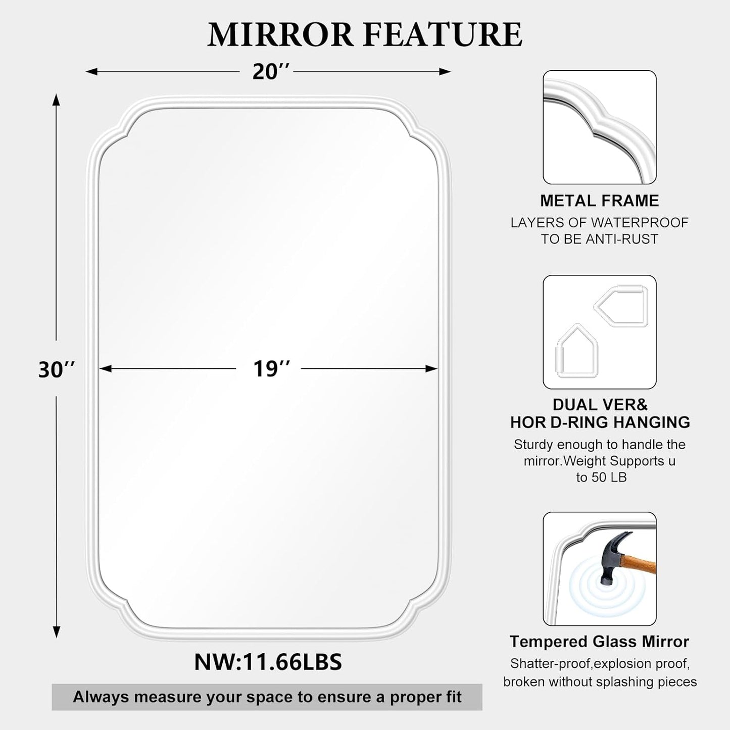 White Bathroom Mirror for Wall 20×30 Inch - Multi-Size Durable Iron Frame, Shatterproof Glass, Versatile for Bathroom/Bedroom/Living Room Decor (Horizontal or Vertical Mount)