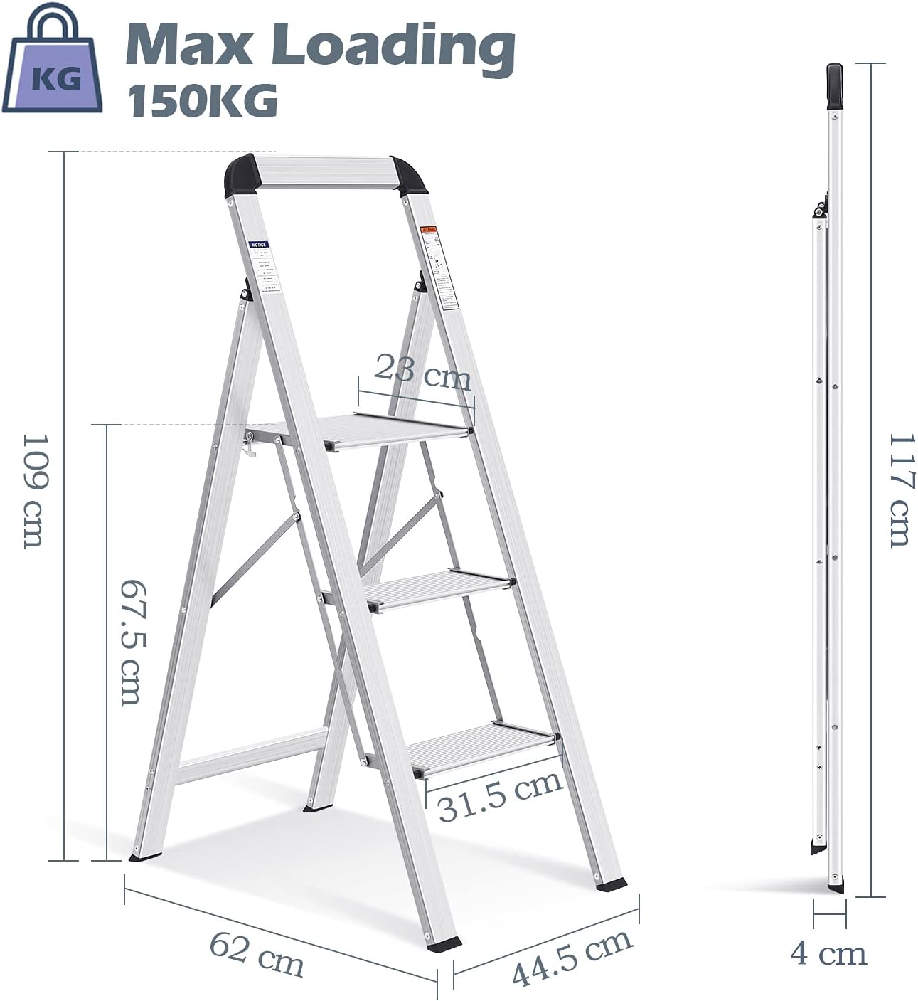 KINGRACK Aluminium 3 Step Ladder, Lightweight Step Stool with Non-Slip Pedals, Handrail, 330 LBS Foldable Step Ladder for Kitchen, Garage, Home, Space Saving, Sturdy and Portable, Silver