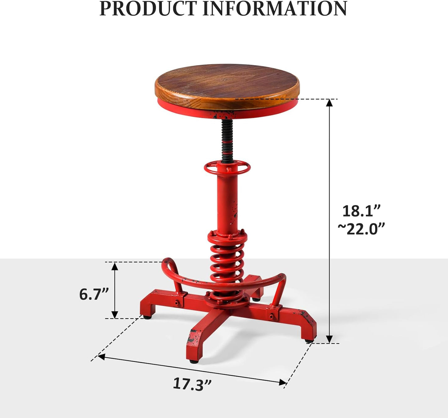 LOKKHAN American Antique Steampunk Bar Stool 24.41"-28.35" Vintage Industrial Adjustable Swivel Backless Counter Stool for Home, Dining, Breakfast, Pub, (Heavy Duty Metal & Wood, Aged Red, Brown Top)