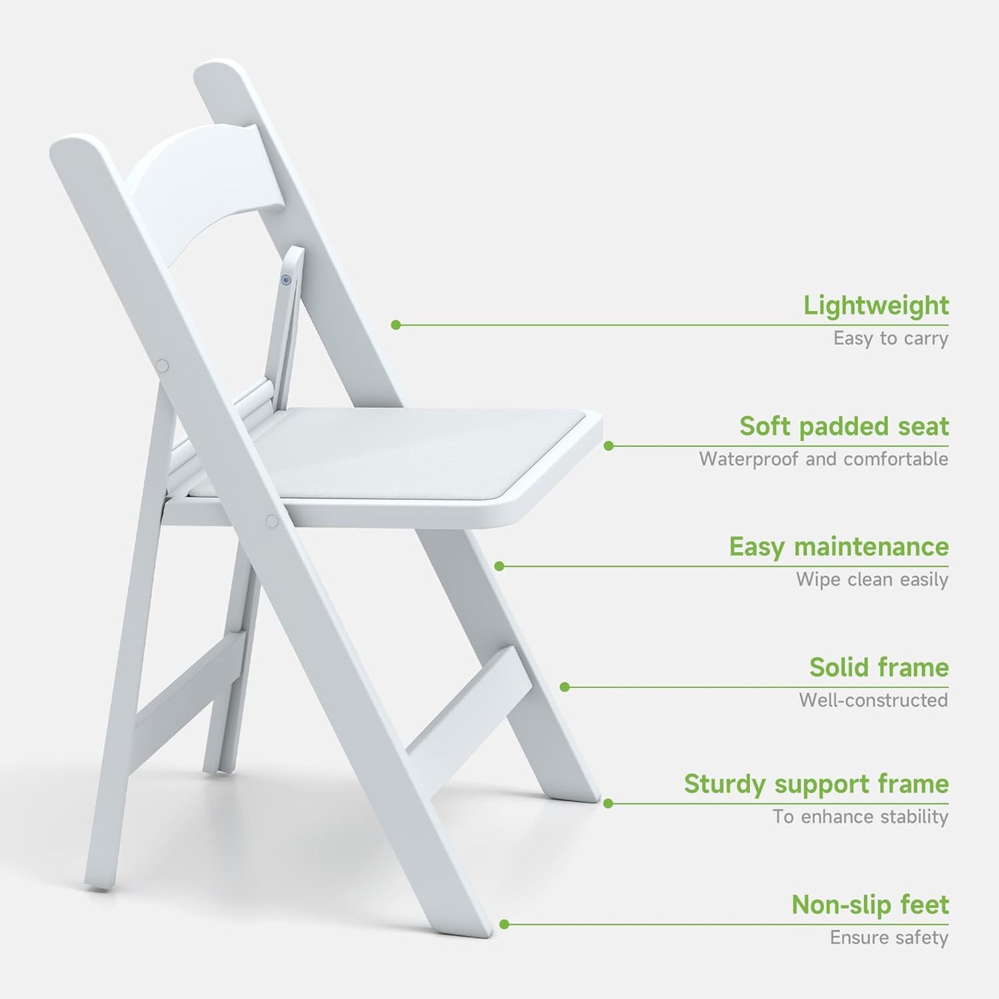 Real Relax Resin Folding Chairs, 4 Sets, White Patio Chairs with PVC Padded Seats 330LB Capacity for Camping, Banquets, Weddings, Church and Events