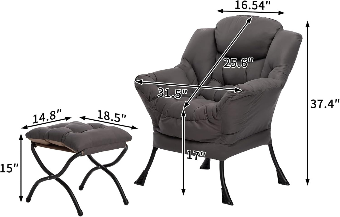 HollyHOME Fabric Lazy Chair with Foldable Ottoman, Accent Comfy Lounge Arm Chair and Folding Footrest Stool Set, Leisure Sofa Reading Chair and Footstool for Living Room, Bedroom, Dorm, Dark Grey