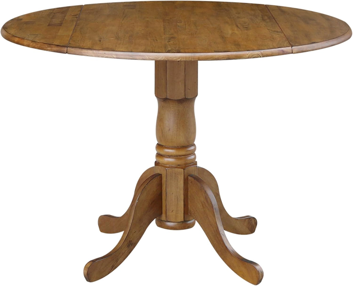 42" Round Dual Drop Leaf Pedestal Dining Table Solid Wood, Easy Assembly, Sturdy Parawood, Kitchen/Dining Room, 29.5"H x 42"W x 42"D, 20mm Thickness Top, Includes Two 9" Drop Leaves