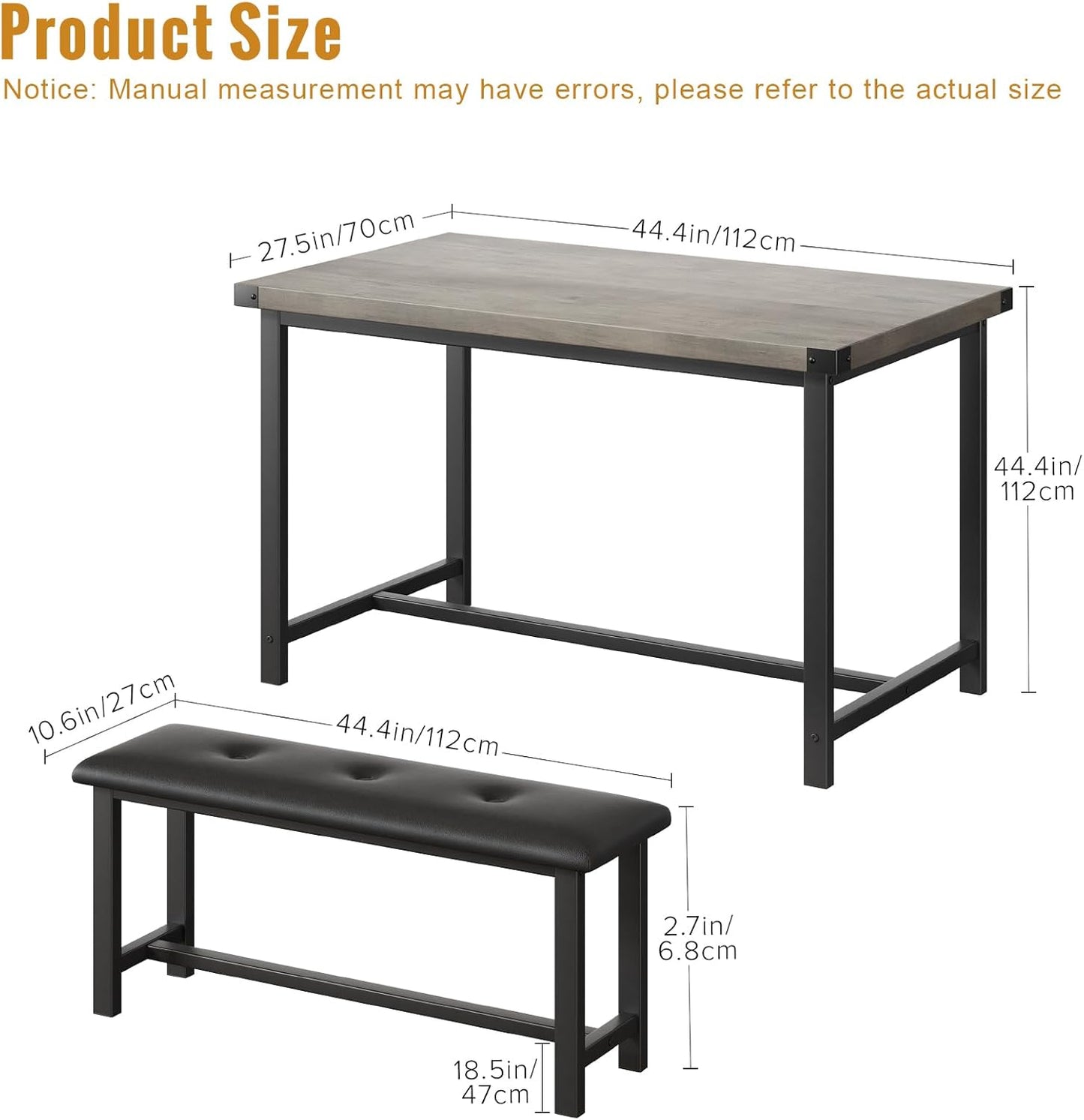 3 PSC Dining Table Set with 2 Upholstered Benches and 1 Table for 4, 44" Small Space Breakfast Nook Set, Kitchen Table with Tufted Upholstered Seats, Rustic Wood & Metal Frame, Easy Assembly