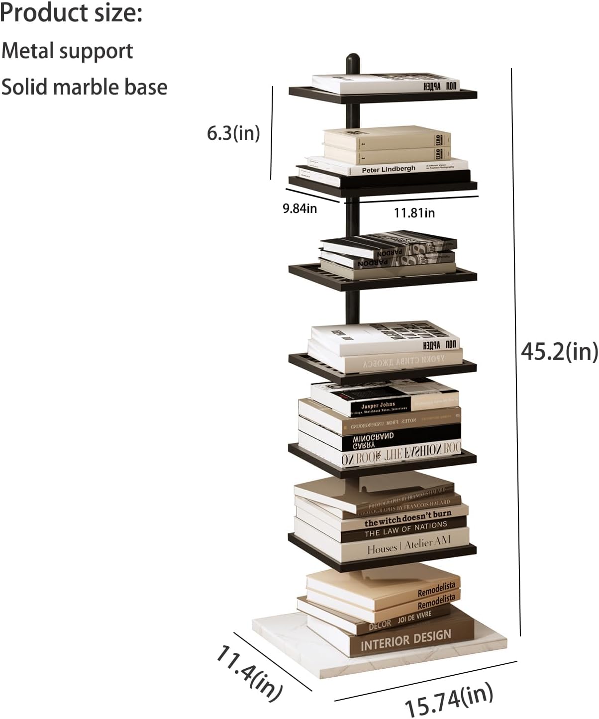 Vertical Bookshelf,Metal Spine Book Tower,Small Bookshelf for Small Spaces,Floor-Mounted Invisible Shelves with Marble Base for Living Room Bedroom Office