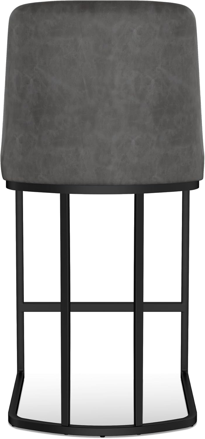 Counter Height Bar Stools Set of 4, Upholstered Leather Barrel Barstools with Back and Metal Legs for Kitchen Island, 27.4" Seat Height, Fabric in Faux Leather, Rustic Grey