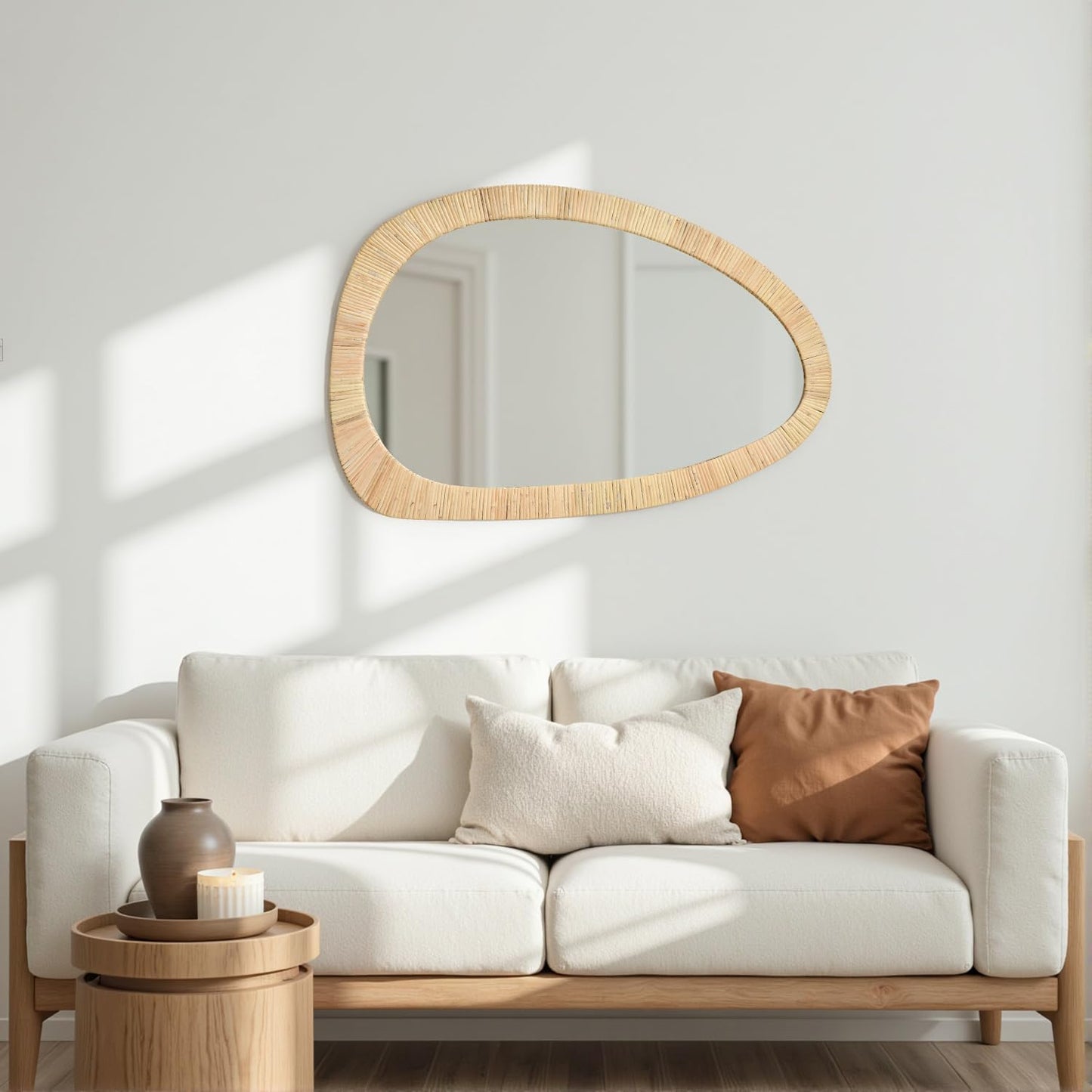 H HOMEWINS Rattan Mirror for Wall,30'' x 20" Wooden Framed Farmhouse Boho Wicker Coastal Irregular Vanity Mirror for Bathroom Living Room Entryway