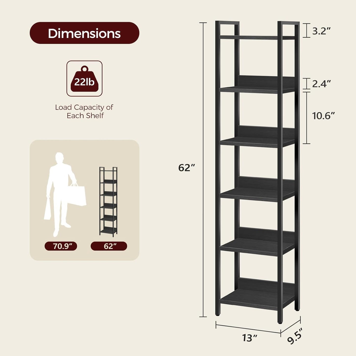 Bookshelf, 6-Tier Bookcase, Standing Book Shelf for Small Space, Storage Shelf Organizer, for Living Room, Bedroom, Study, Balcony, Black BKHB6601