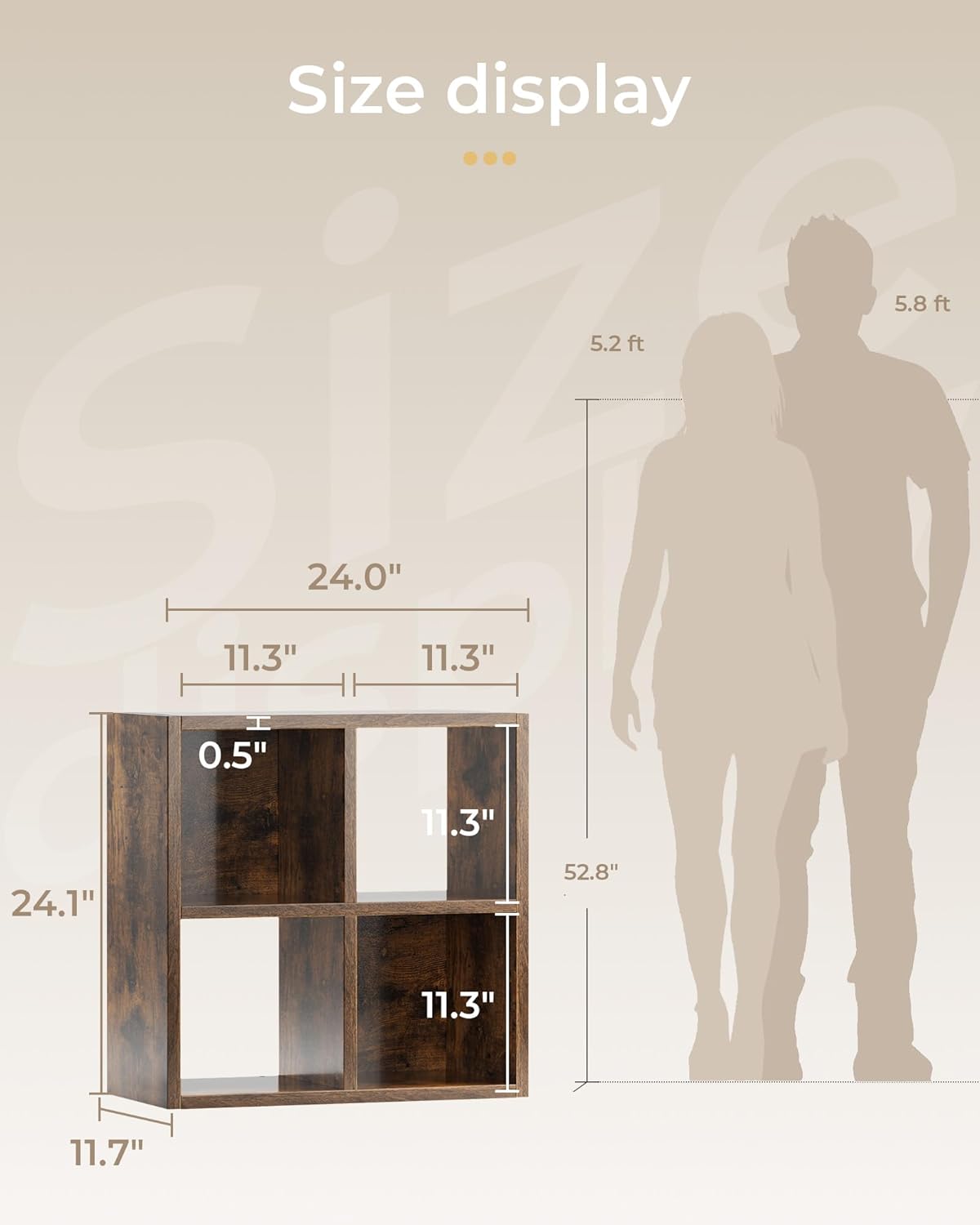 GTPLAYER 4-Cube Storage Organizer, Fits 11" Bins, Vertical or Horizontal Use, Opening Bookshelf, Partial Back Panels, Stackable Design Bookcase, for Desk, Vanity, Entryway, Rustic Brown