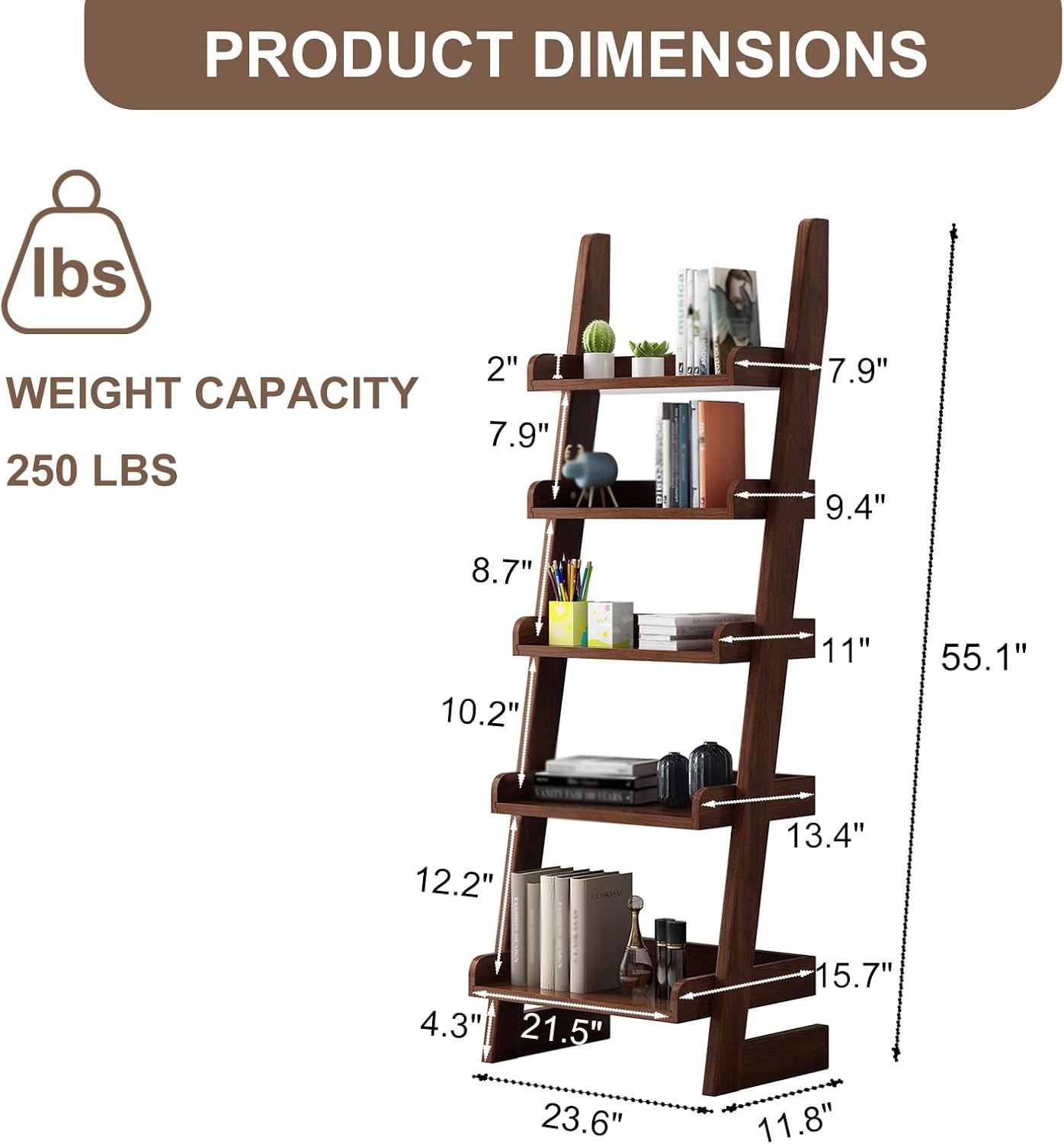 5-Tier Wooden Ladder Shelf Bookcase, H 55" Walnut Ladder Bookshelf Freestanding Storage Shelves Rack Organizer for Living Room, Home Office and Bedroom