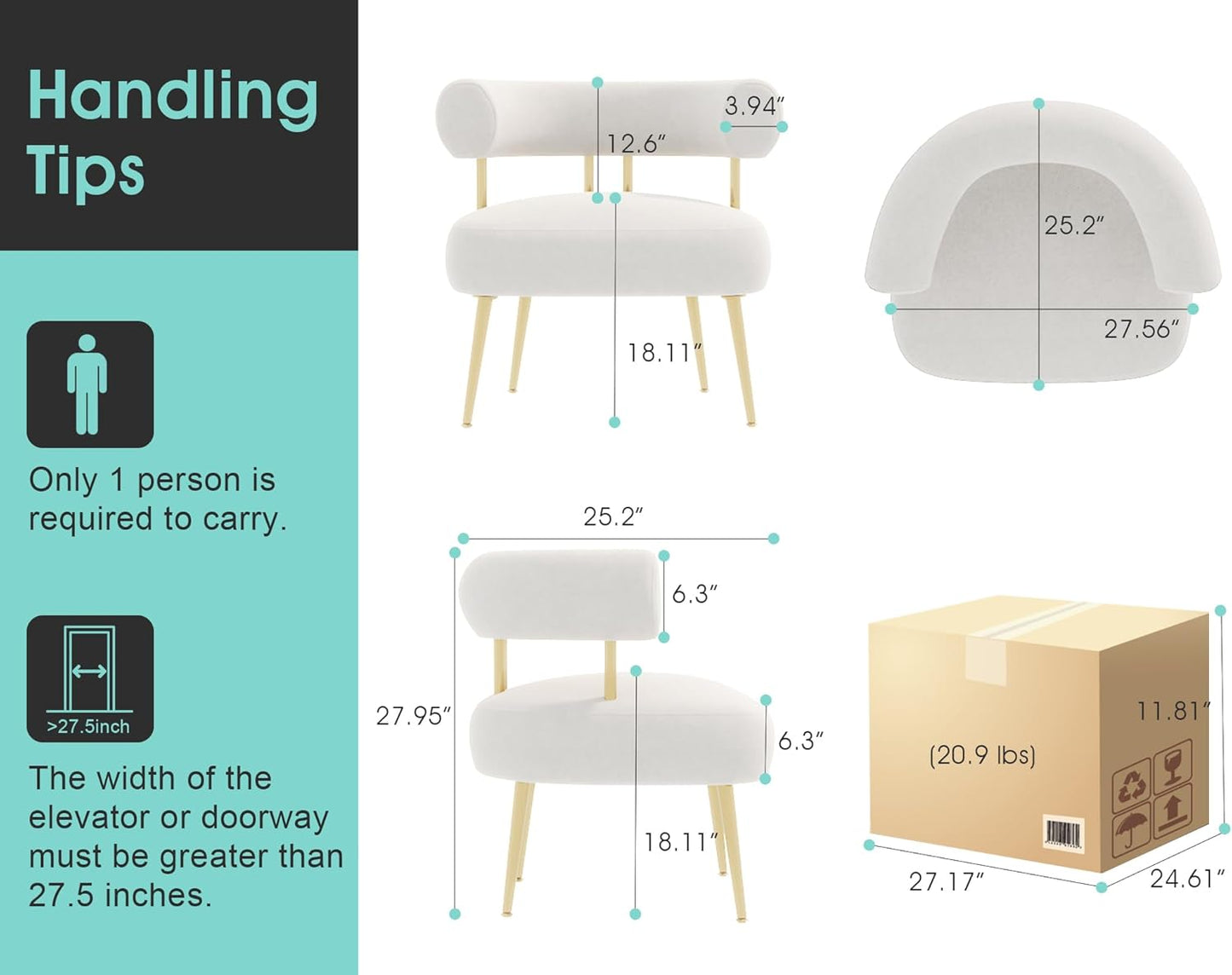 Modern Velvet Accent Chair, Round Upholstered Barrel Armchair for Small Spaces, Fluffy Side Corner Sofa Chair for Living Room, Bedroom, Vanity, Office, Reading Nook(Cream White)