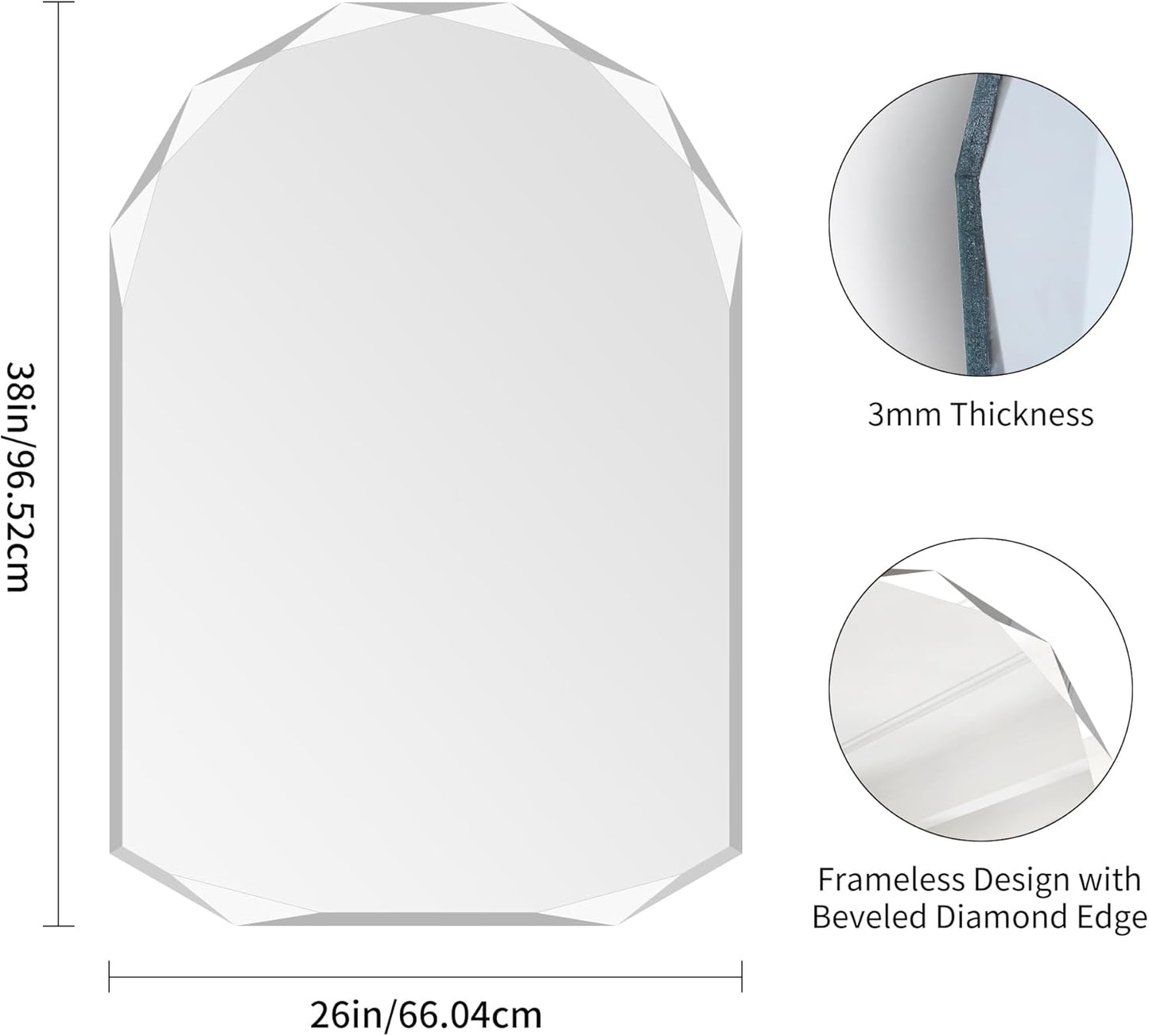 KOCUUY 26"x38" Frameless Mirror, Arched Shape with Diamond-Shaped Beveled Edge,Unframed Decorative with Upgraded Shatterproof Glass,Unique Frameless Mirror for Bathroom,Living Room,Bedroom