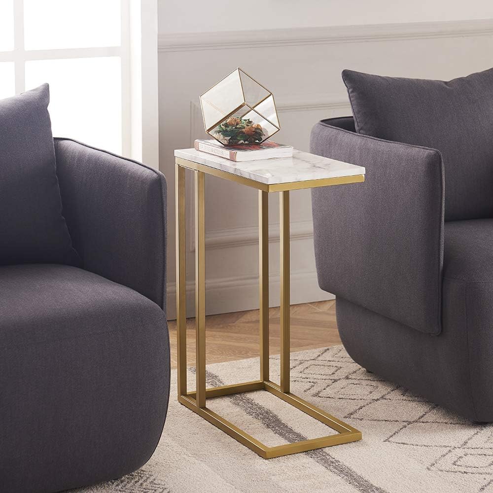 C-Shape Side End Table, Faux Marble Tray Snack Table with Metal Frame, Laptop Coffee Holder, Modern Furniture (Gold,1pcs)