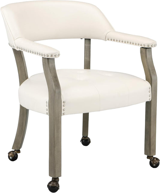 LEEMTORIG Large Dining Chairs with Casters and Arms, Rolling Dining Chairs with Wheels, Accent Game Poker Table Chairs, Solid Wood Office Chairs, 26“Dx25.2 Wx31.5“H, Grey Legs & Ivory PU SY-1318-WT