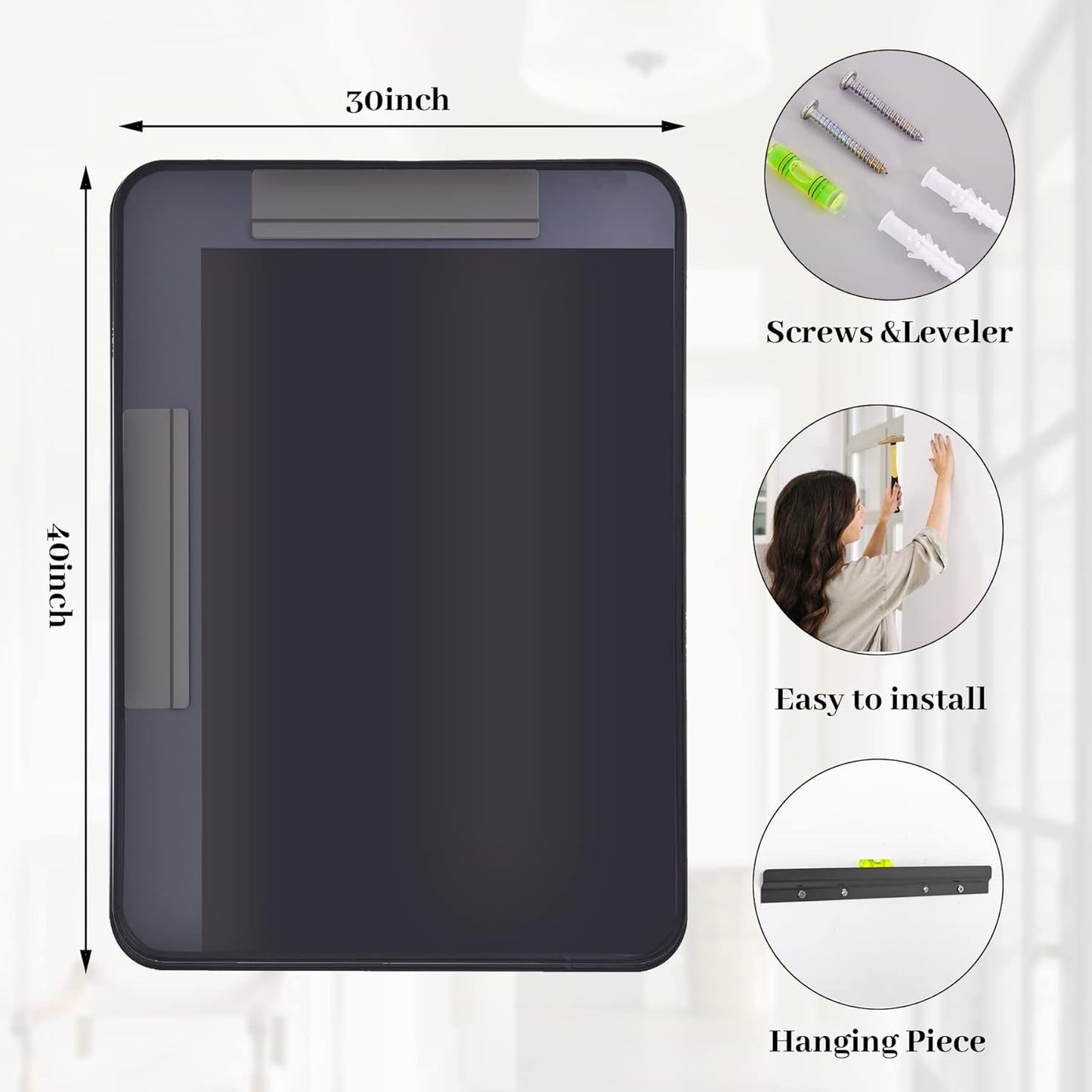 Bathroom Mirror 30x40 inch, Black Gorgeous Deep Frame Wall Mirror, Modern Round Corner Bathroom Vanity Mirror for Bedroom, Living Room, Hanging or Leaning Horizontal or Vertical, Black