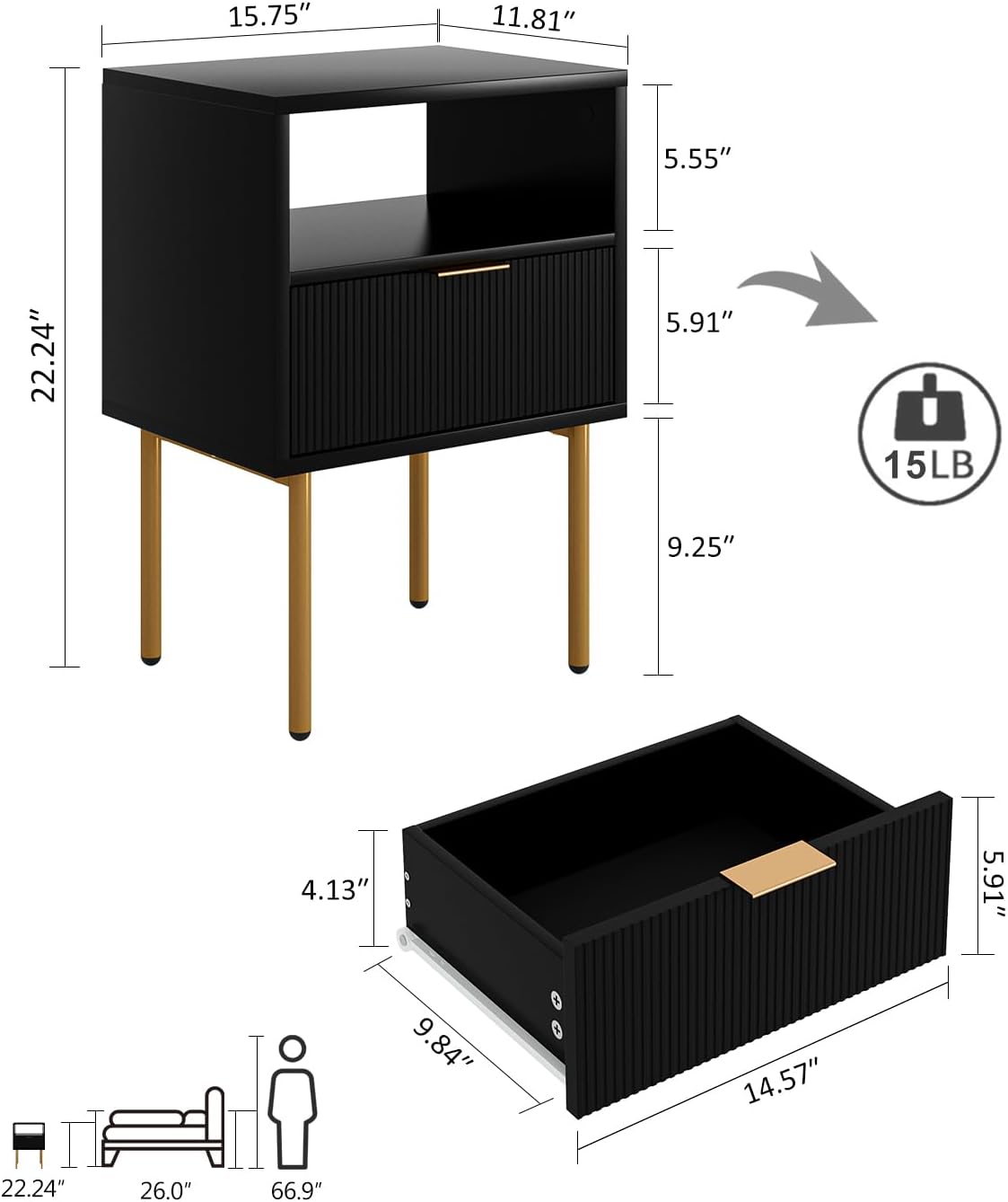 Nightstand,Morden Bedside Table with Gold Frame,Small Black Night Stand,End Table,Bedside Furniture,Side Table with Drawer and Shelf for Bedroom,Living Room (1Drawer, Black)