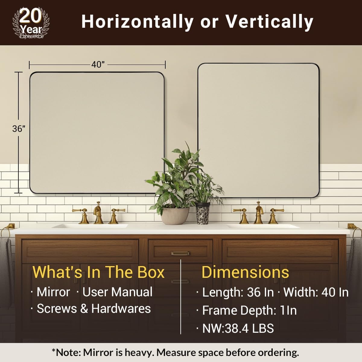 ANDY STAR Brushed Nickel Mirrors for Bathroom Sink,36x40 Inch Bathroom Vanity Mirror with Rectangular Metal Frame-Modern Clean Design with Superior Stainless Steel Frame