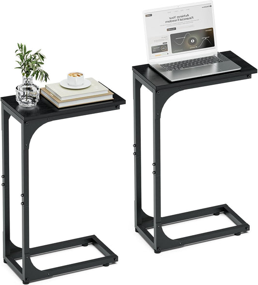 C-Shaped Side Table for Couch - Small Coffee Stand Sofa Tray Desk with Sturdy Metal Frame and Waterproof Scratch Resistant Wood Surface, Modern End Accent for Living Room, Bedroom, Black