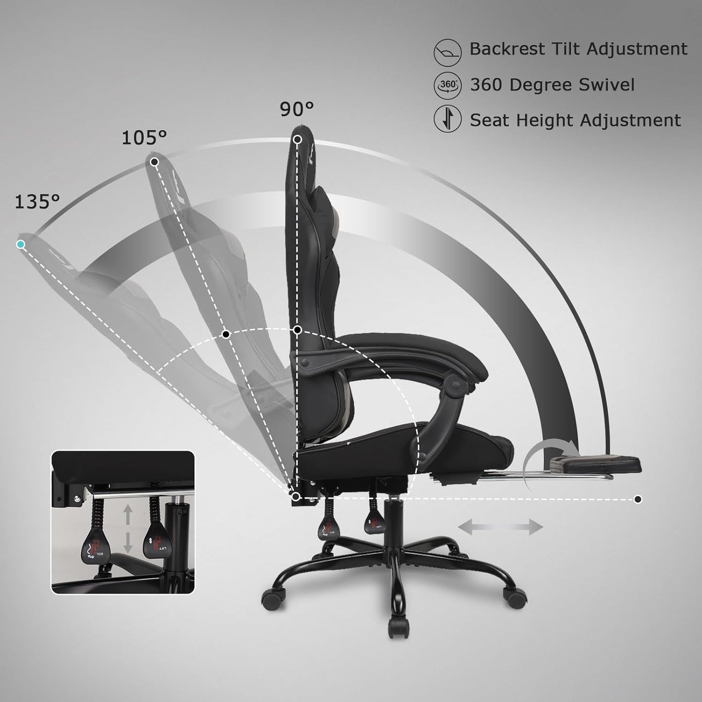 Gaming Chair with Linkage Armrest & Footrest, High Back Video Gaming Chair, Black/Grey