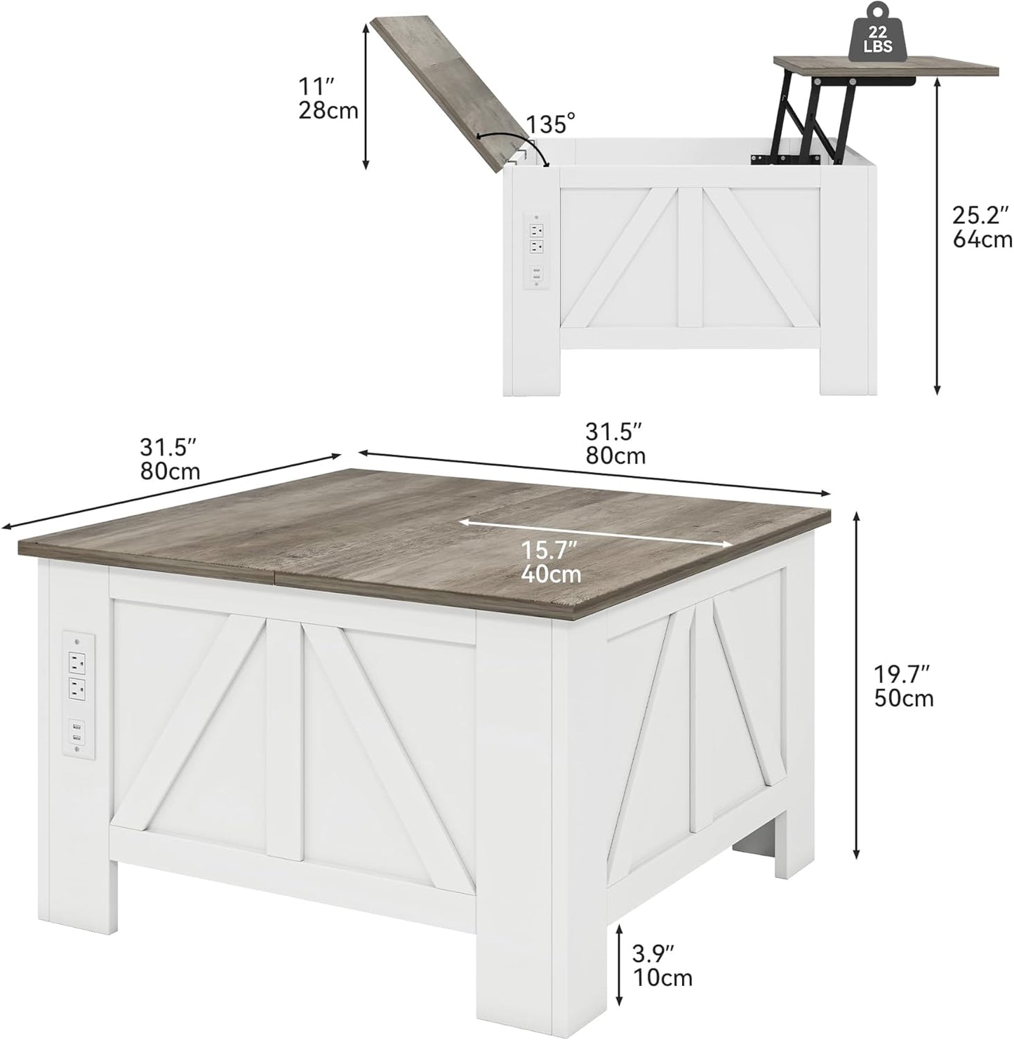 YITAHOME Farmhouse Lift Top Coffee Table with Storage, Wood Square Center Table with Charging Station & USB Ports and Hidden Compartment Coffee Tables for Living Room Bedroom, Home Office, White