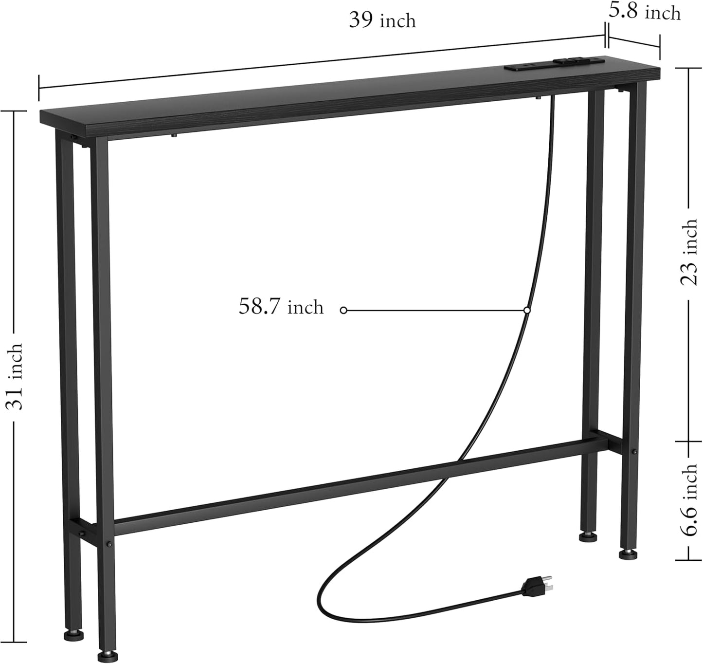 GRLEAF 39" Narrow Console Sofa Table with Built-in Power Strip (4 AC Outlets & 4 USB Ports) – 4.9ft Power Cord, Metal Frame, Easy Assembly, Ideal for Behind Couch, Hallway, and Home Office | Black