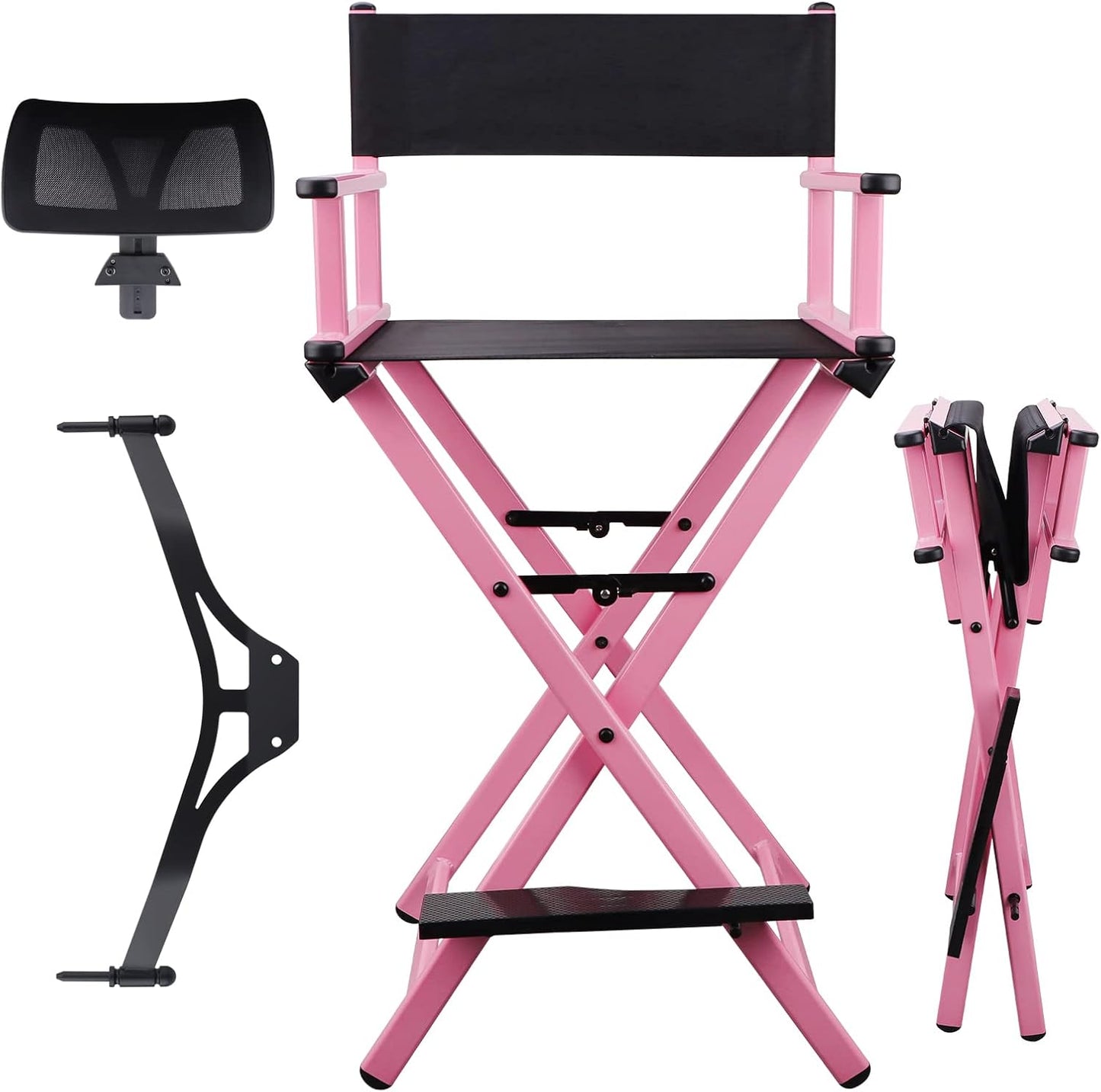Lorvain Folable Makeup Artist Stool Chair, Protable Tall Folding Directors Chair, Aluminum Makeup Chair with Head Rest for Studio Salon Vanity, Bar Height - Pink Chair