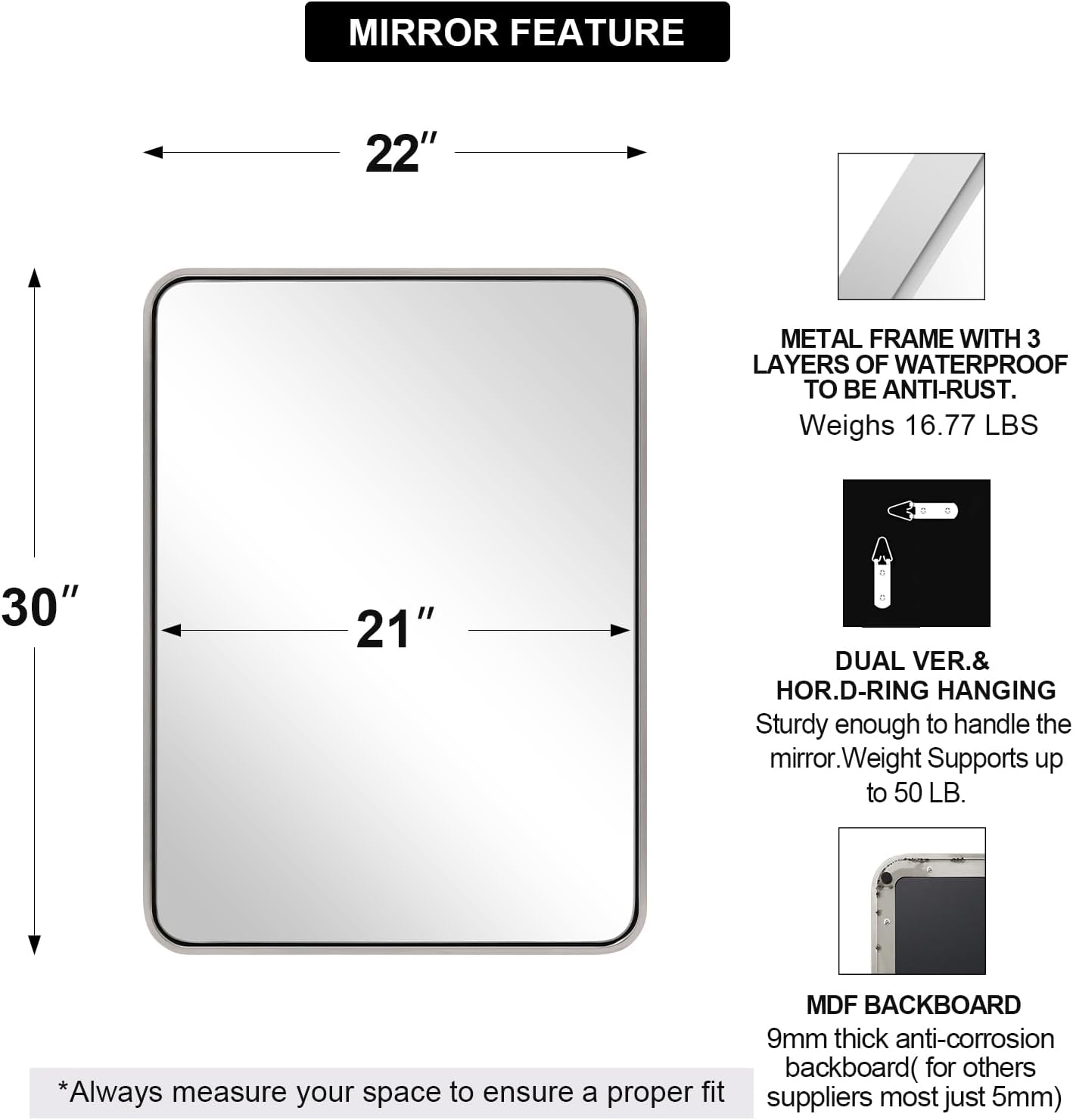 ANDY STAR Chrome Bathroom Mirror, 22x30’’ Rounded Rectangle Polished Nickel Mirror for Vanity, SUS304-Anti-Rust, Wall-Mounted Vertical/Horizontal 1’’ Deep