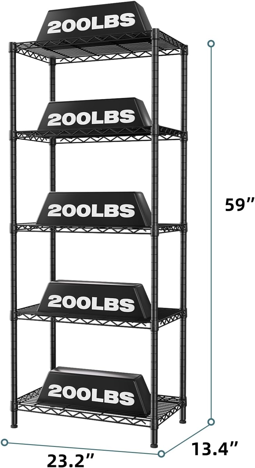 SINGAYE 5 Tier Storage Shelves Wire Shelving Unit Shelve Metal Kitchen Laundry Room Organization Home Pantry Closet Bathroom Organizers Garage Rack Estantes para Cocina 14" D x 24" W x 59.5" H Black