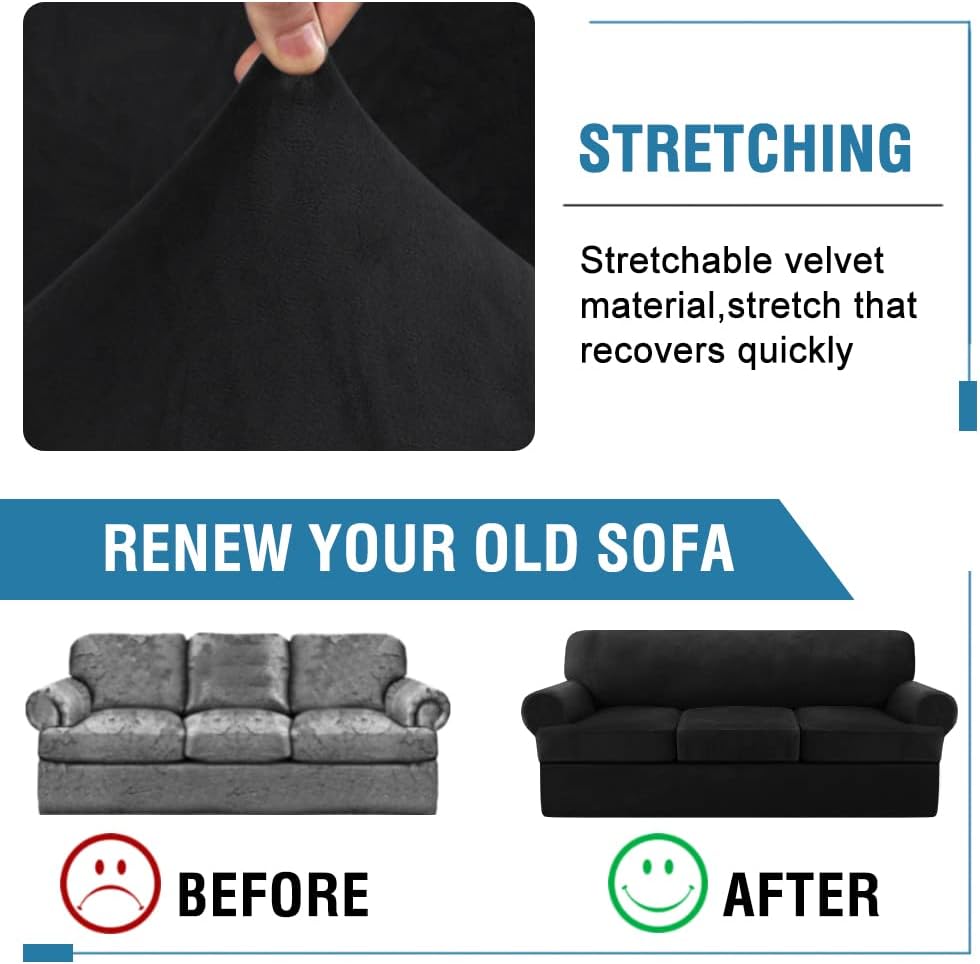 H.VERSAILTEX Sofa Cover 4 Piece T Cushion Sofa Slipcovers Velvet Couch Cover Furniture Protector Stretch T Cushion Sofa Covers for 3 Cushion Couch with 3 Individual T Cushion Covers Washable, Black