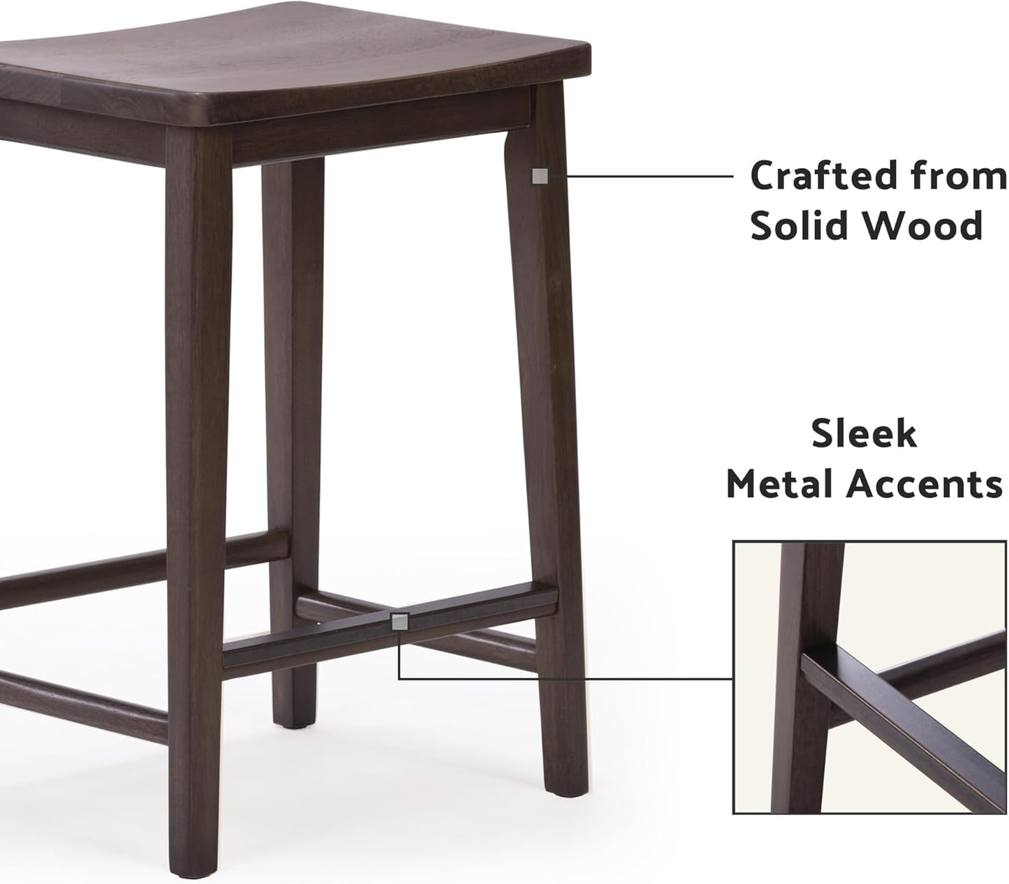 Plank+Beam Smythe Counter Stool, 24", Set of 2, Sturdy Wood Modern Kitchen Counter Height Stool, Saddle Seat Backless Counter Chair, Metal Footrest, Walnut