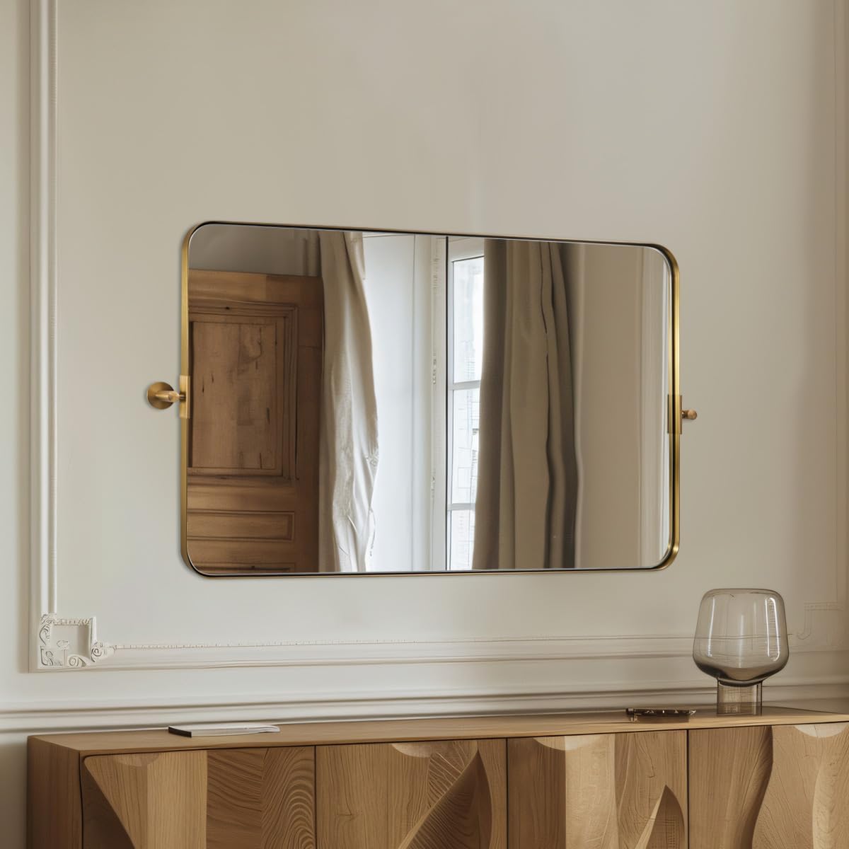 MOON MIRROR 30" x 22" Brushed Gold Rectangle Bathroom Mirror, Tilting Rounded Rectangular Metal Framed Pivot Wall Mirror, Hangs Horizontally Only(Overall 33.75" x 22")