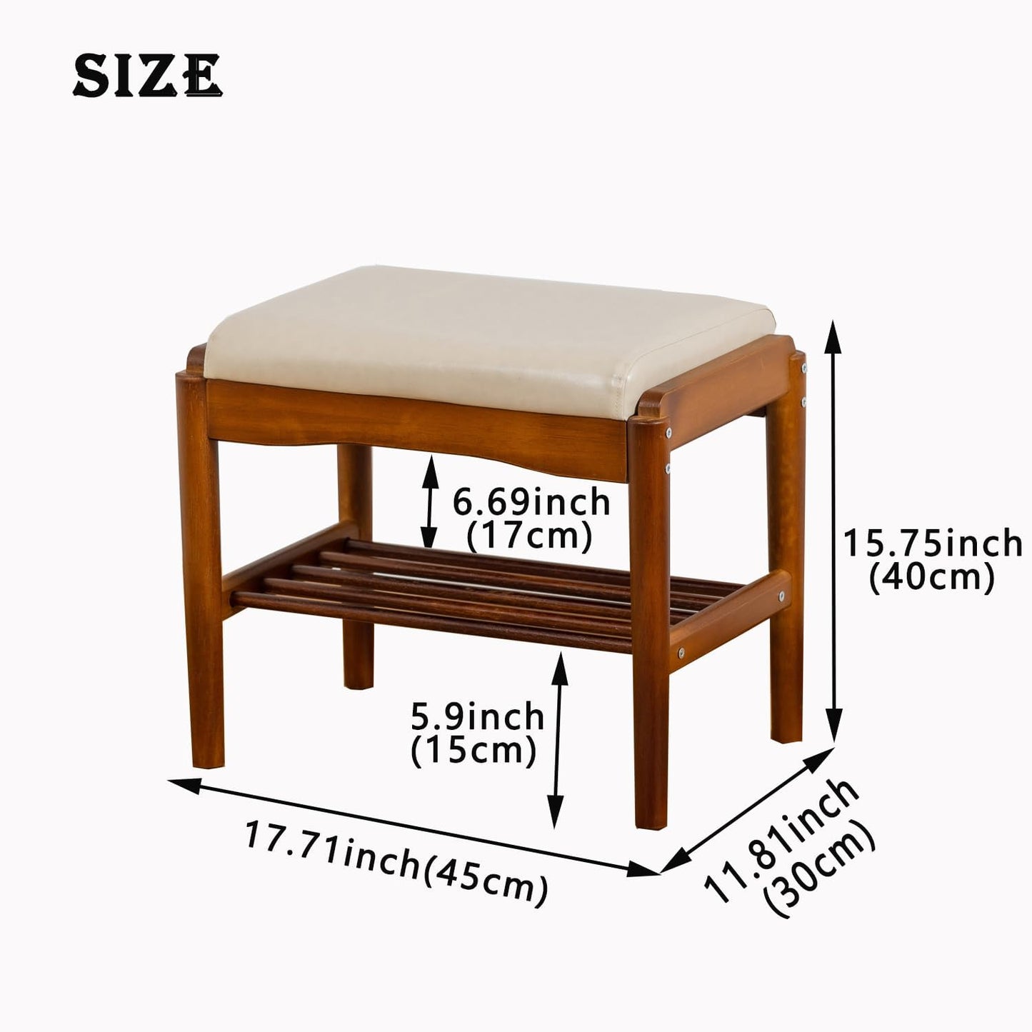 latifolia Small Shoe Bench, Solid Wood Bench with Cushion, 2 Tier Shoe Storage Organizer for Entryway(Walnut,17.71''L)