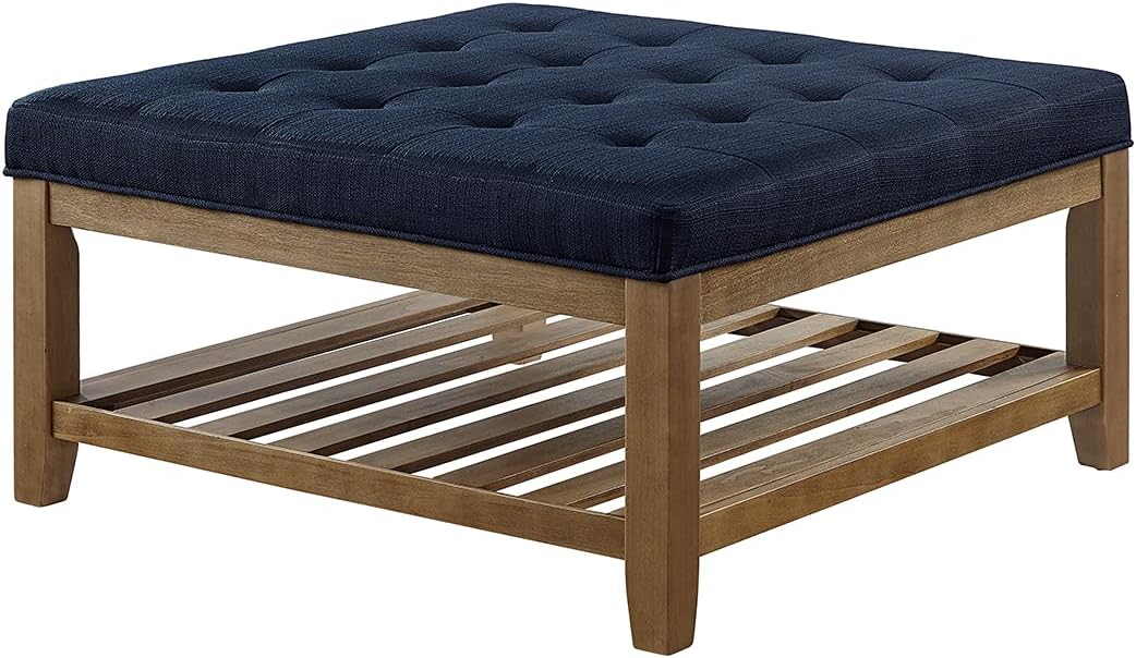 24KF Large Square Upholstered Tufted Linen Ottoman, Large Footrest Ottoman with Solid Wood Shelf- Navy Blue