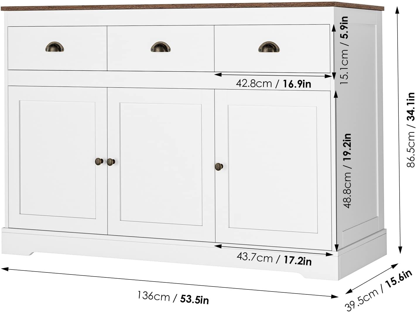 Keyluv White Buffet Cabinet Storage Sideboard Farmhouse Server Bar Wine Cabinet with 3 Drawers & 3 Doors Adjustable Shelves Console Table for Dining Living Room Kitchen Cupboard