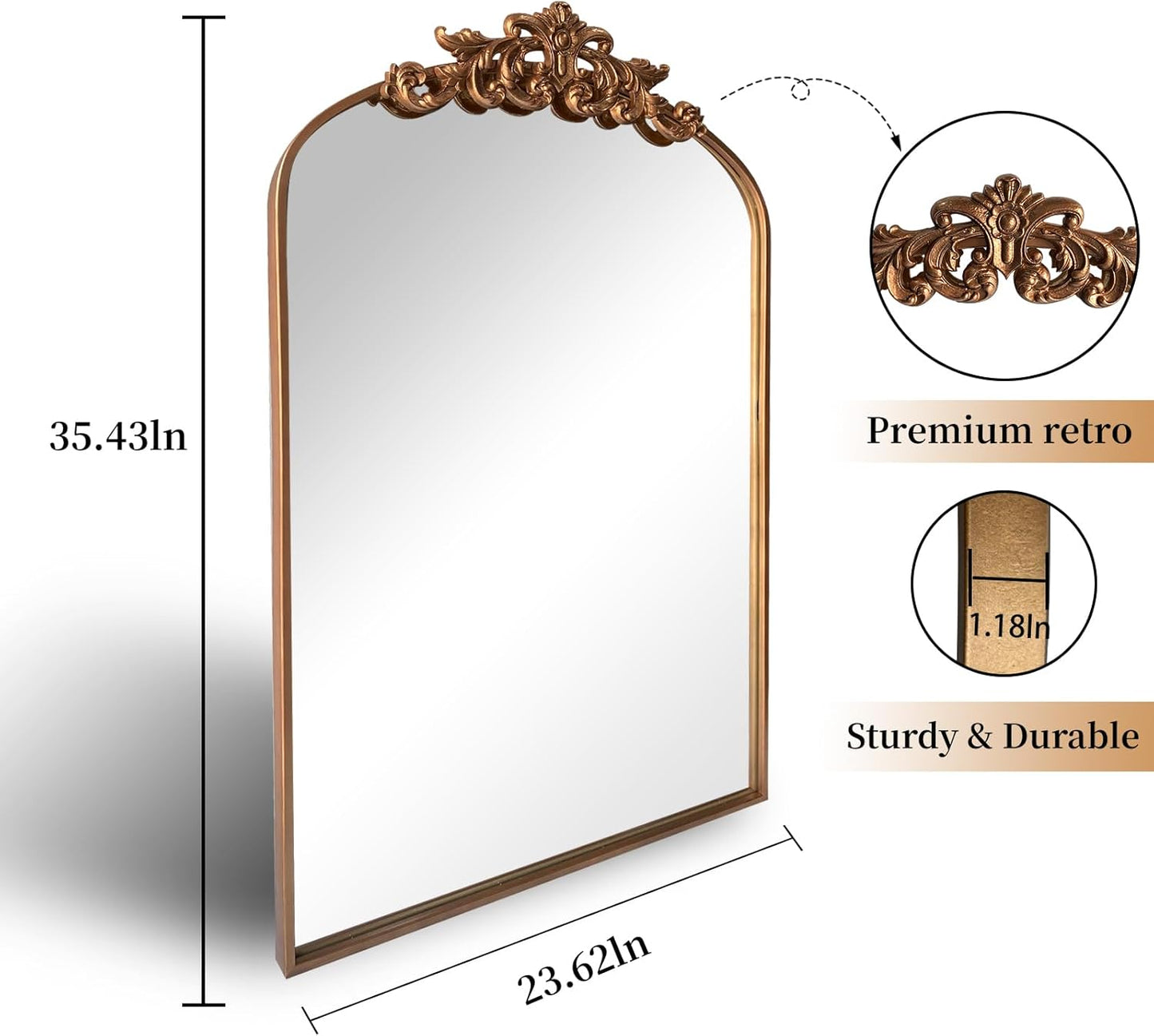 WAMIRRO Ornate Gold Mirror,Vintage Arched Baroque Antique Mirorrs for Living Room/Hallway/Fireplace/Bathroom/Entryway 24"X36"