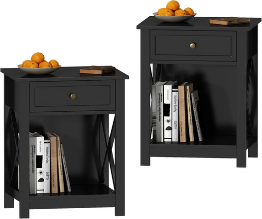 Treocho Black End Table Set of 2, Modern X-Design Night Stand,Bedside End Table with Open Storage for Small Place,Bedroom