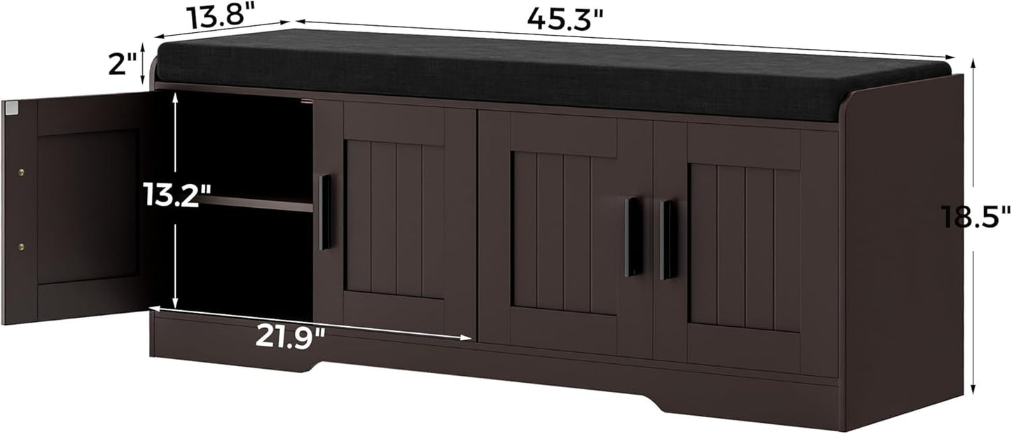 2-Tier Storage Bench, Shoe Bench with Thickened Padded Seat Cushion, Entryway Bench with 4 Doors, Adjustable Shelf, 13.8" D x 45.3" W x 18.5" H, for Entryway, Living Room, Bedroom, Brown