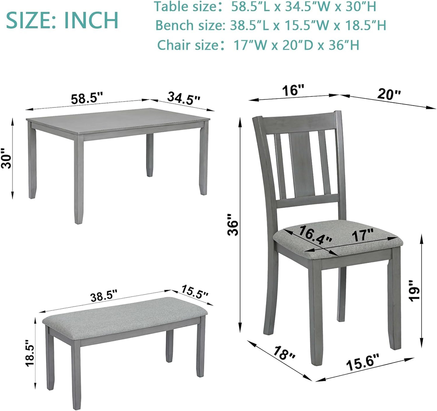 soges 6 Piece Kitchen Dining Table Set, Wooden Dining Table with 4 Upholstered Chairs and a Bench for 6 People, Living Room, Home and Kitchen, Table Chairs Set, Grey