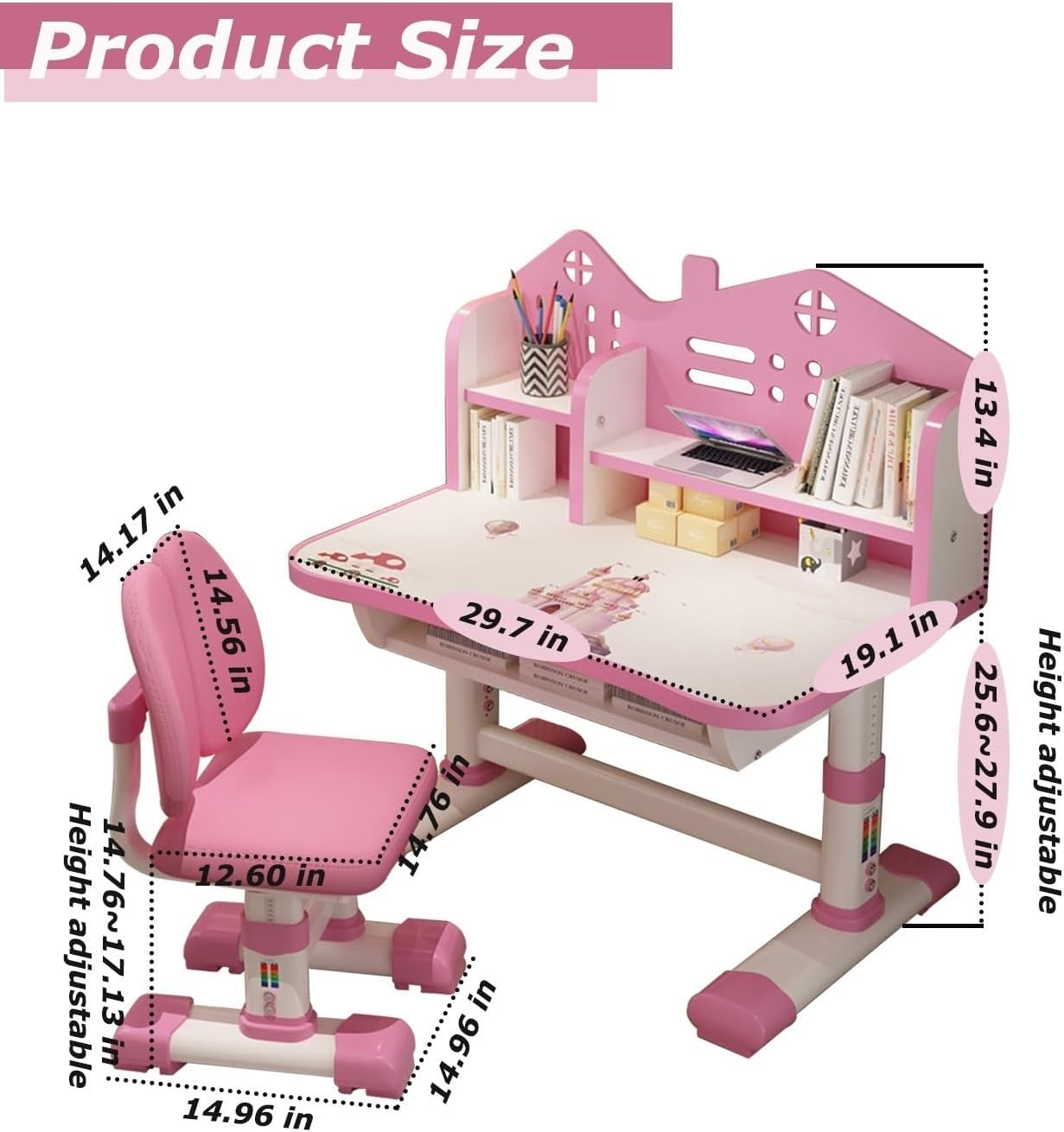 Kids' Table Chair Sets, Kids' Desks Chair, Children Study Desk Writing Table Computer Workstation With Large Storage Drawer And Bookshelf, Height Adjustable Kids Bedroom Furniture ( Color : Pink )