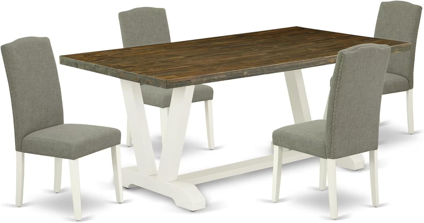 East West Furniture V077EN206-5 5 Piece Modern Dining Table Set Includes a Rectangle Wooden Table with V-Legs and 4 Dark Shitake Linen Fabric Parsons Dining Chairs, 40x72 Inch, Multi-Color