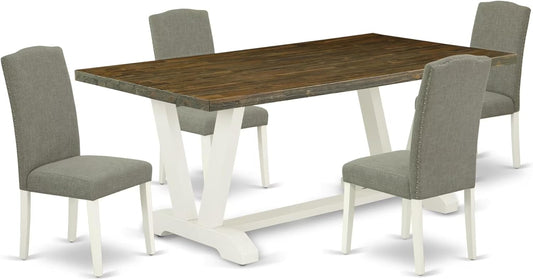 East West Furniture V077EN206-5 5 Piece Modern Dining Table Set Includes a Rectangle Wooden Table with V-Legs and 4 Dark Shitake Linen Fabric Parsons Dining Chairs, 40x72 Inch, Multi-Color