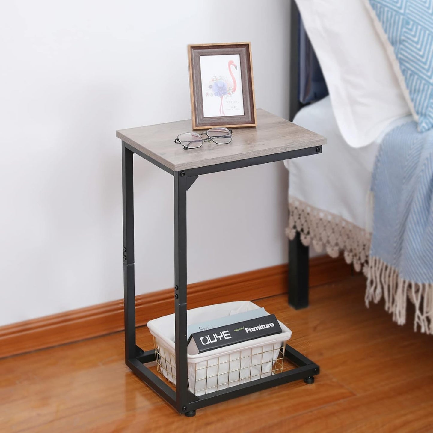 AMHANCIBLE C Shaped End Table, Slide Under Couch Table for Sofa, TV Tray Snack Table, Small Side Table for Small Space, Living Room, Grey HET02CGY-1