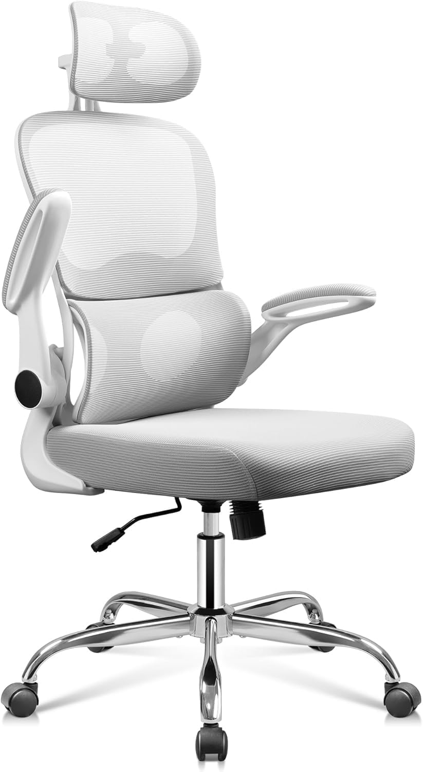DEVAISE Office Chair, Breathable White Mesh Elegance with Ergonomic Comfort for Professionals & Gamers