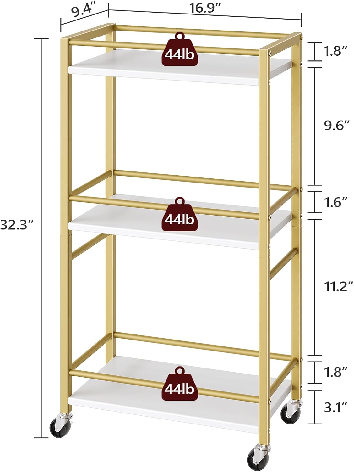 Bar Cart for The Home, 3-Tier Drink Cart on Wheels, Home Bar Serving Cart, Mini Bar Cart for Small Space, Rolling Kichen Carts for Bar, Kitchen, Dining Room, Gold RCJW4001
